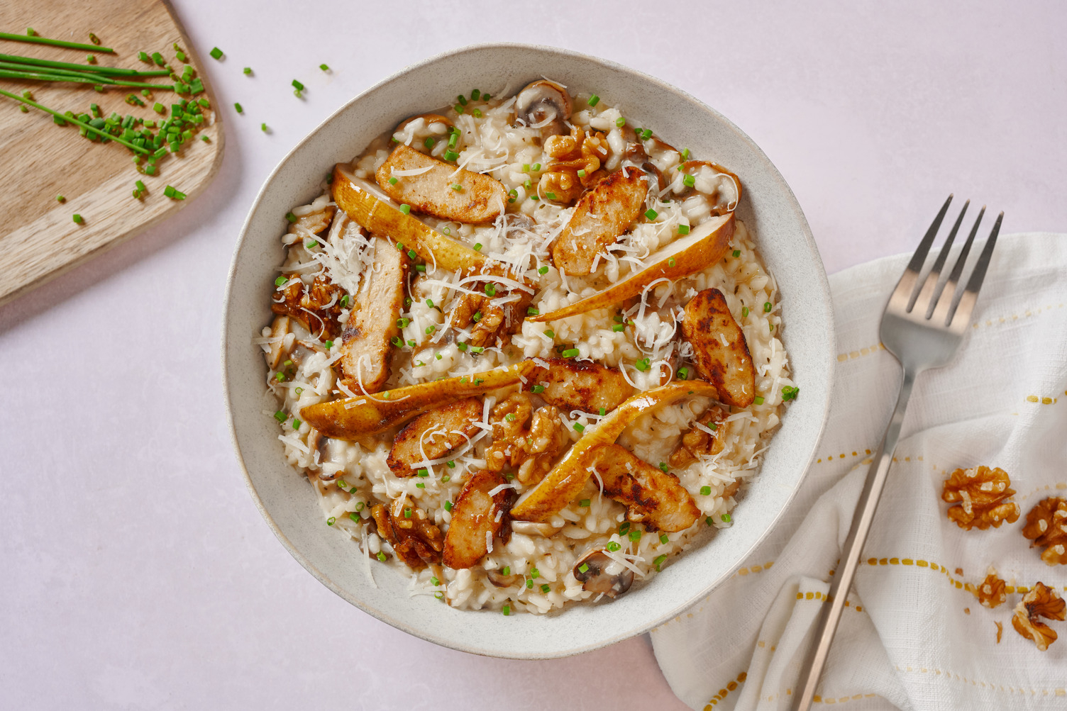 Cremiges Pilzrisotto mit veganen Filetstreifen