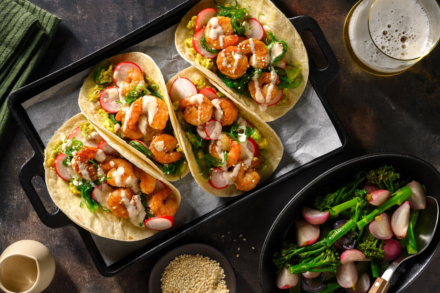 Tacos fusion aux crevettes, wakamé & avocat