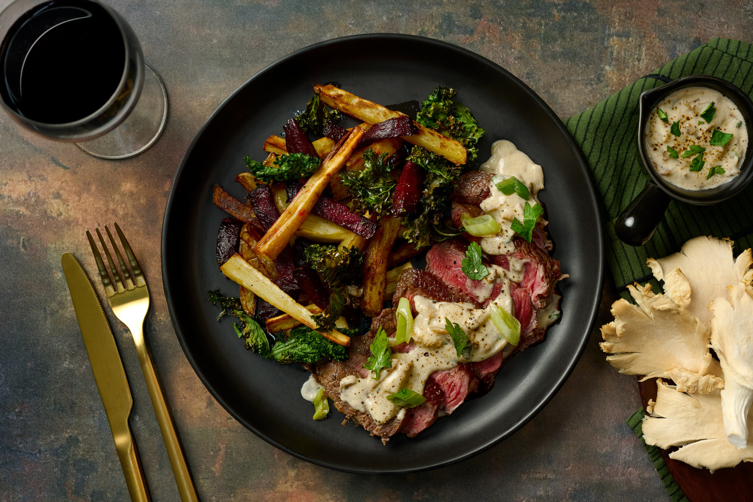Bio-Rumpsteak mit cremiger Austernpilzsoße
