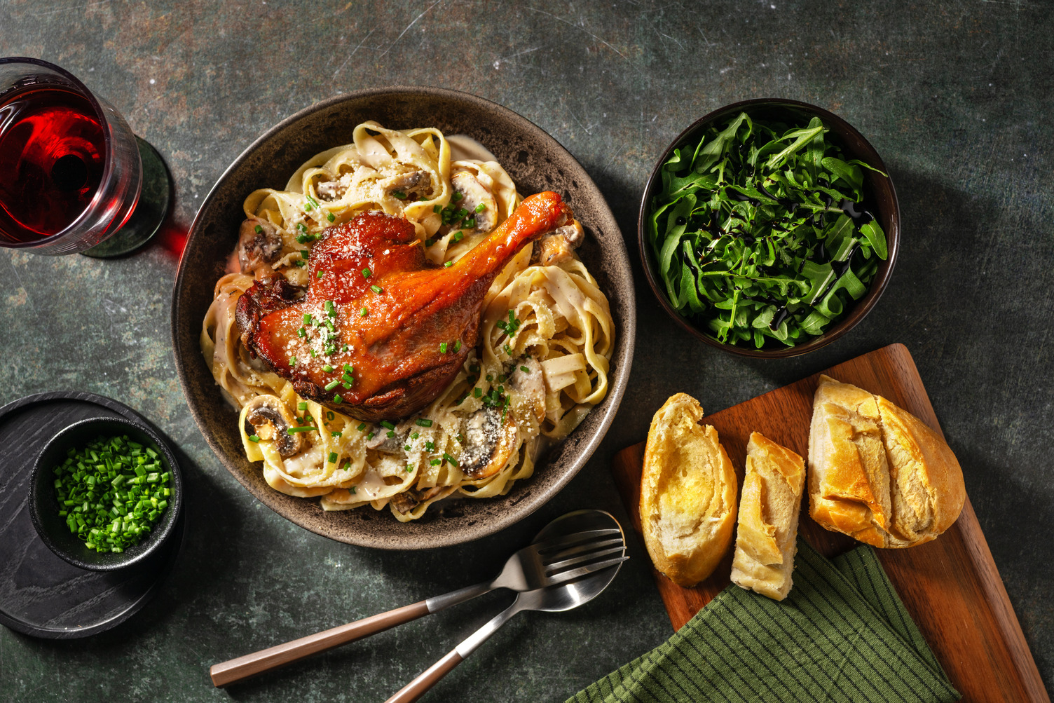 Easy Duck Tagliatelle and and Garlic Baguettes