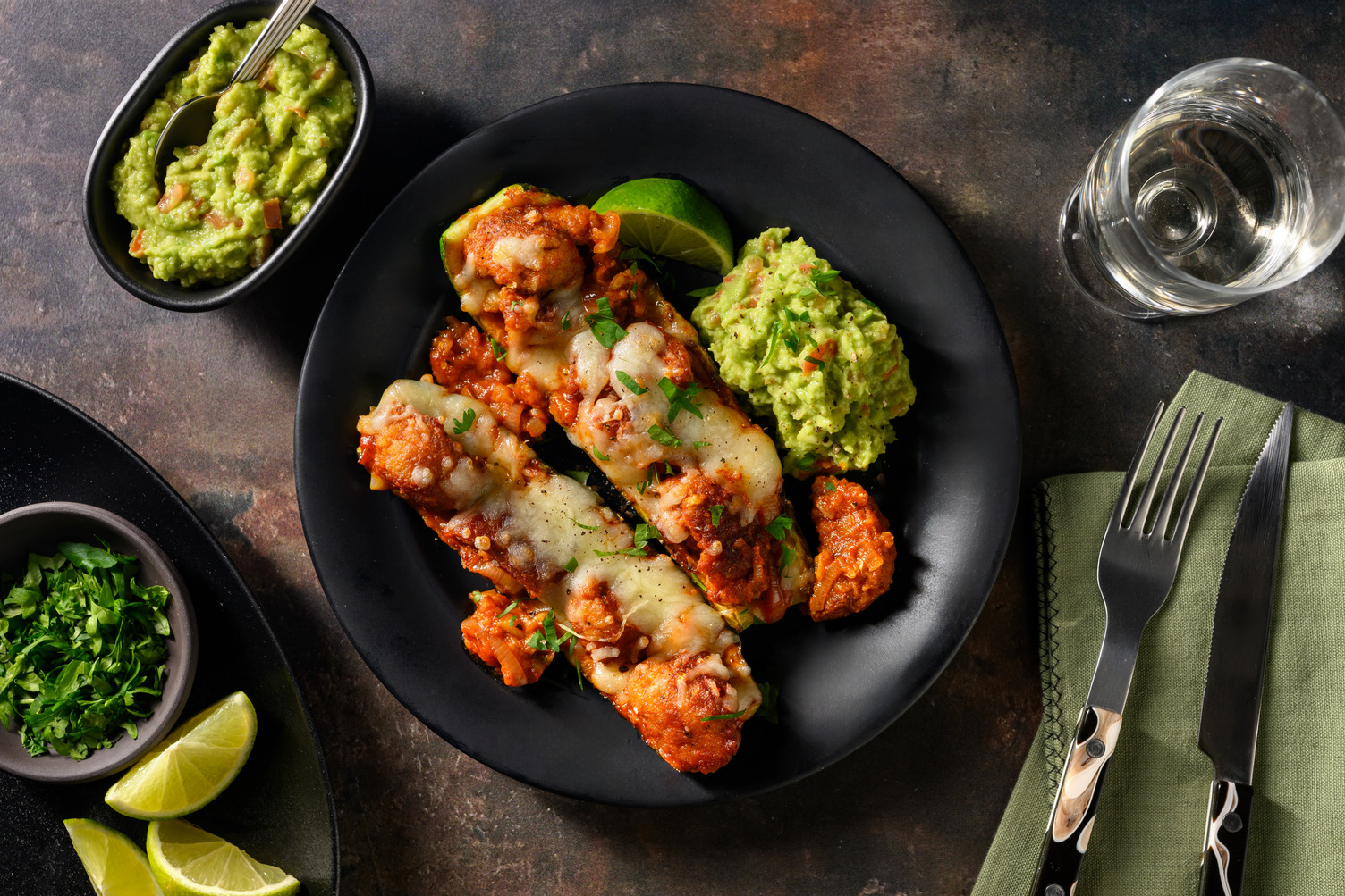 Courgettebootjes met cheesy kipgehaktballetjes