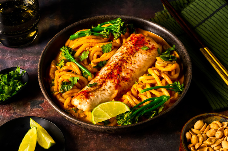 Pangasiusfilet met kokosnoedels, pinda's en chili-olie