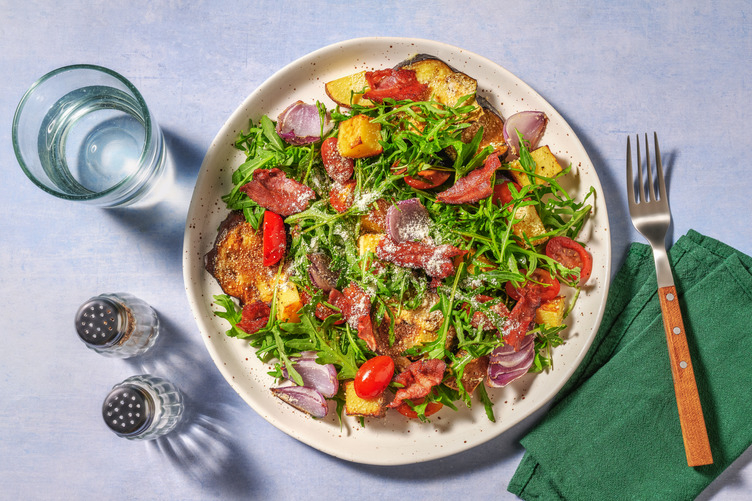 Crispy Double Bacon & Aubergine Parmigiana Inspired Salad