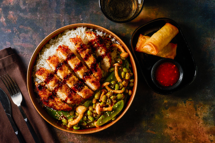 Chicken Katsu Curry, Jasmine Rice and Spring Rolls