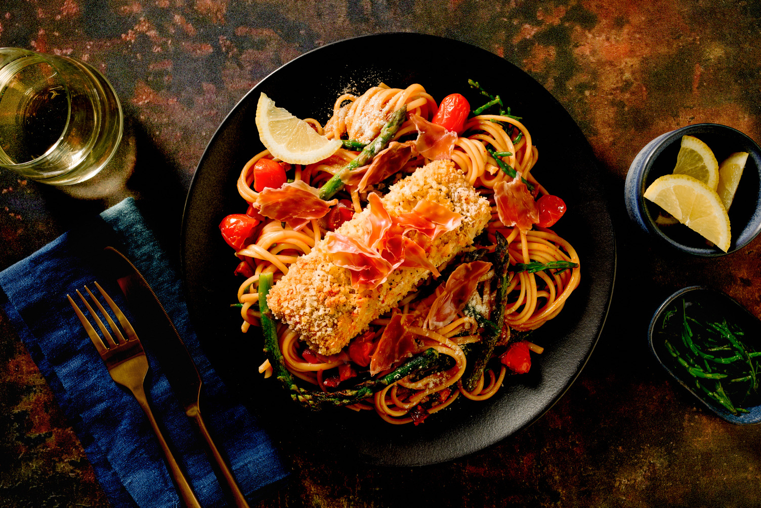 Breaded Salmon and Serrano Shards on Samphire Linguine