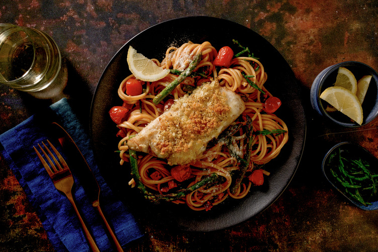 Breaded Salmon and Serrano Shards on Samphire Linguine