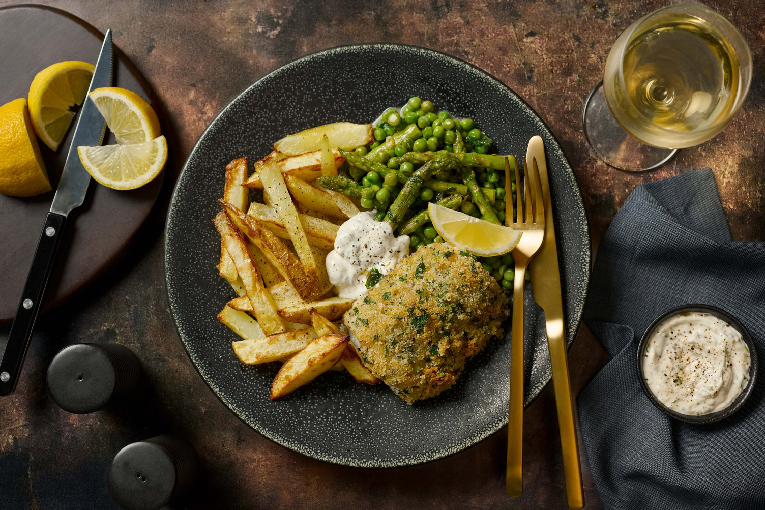 Herby Crumbed Cornish Hake and Salt & Vinegar Chips