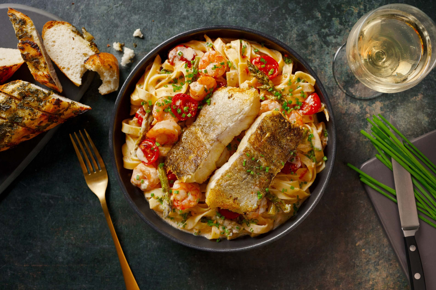 Double Cornish Hake, King Prawn & White Wine Linguine