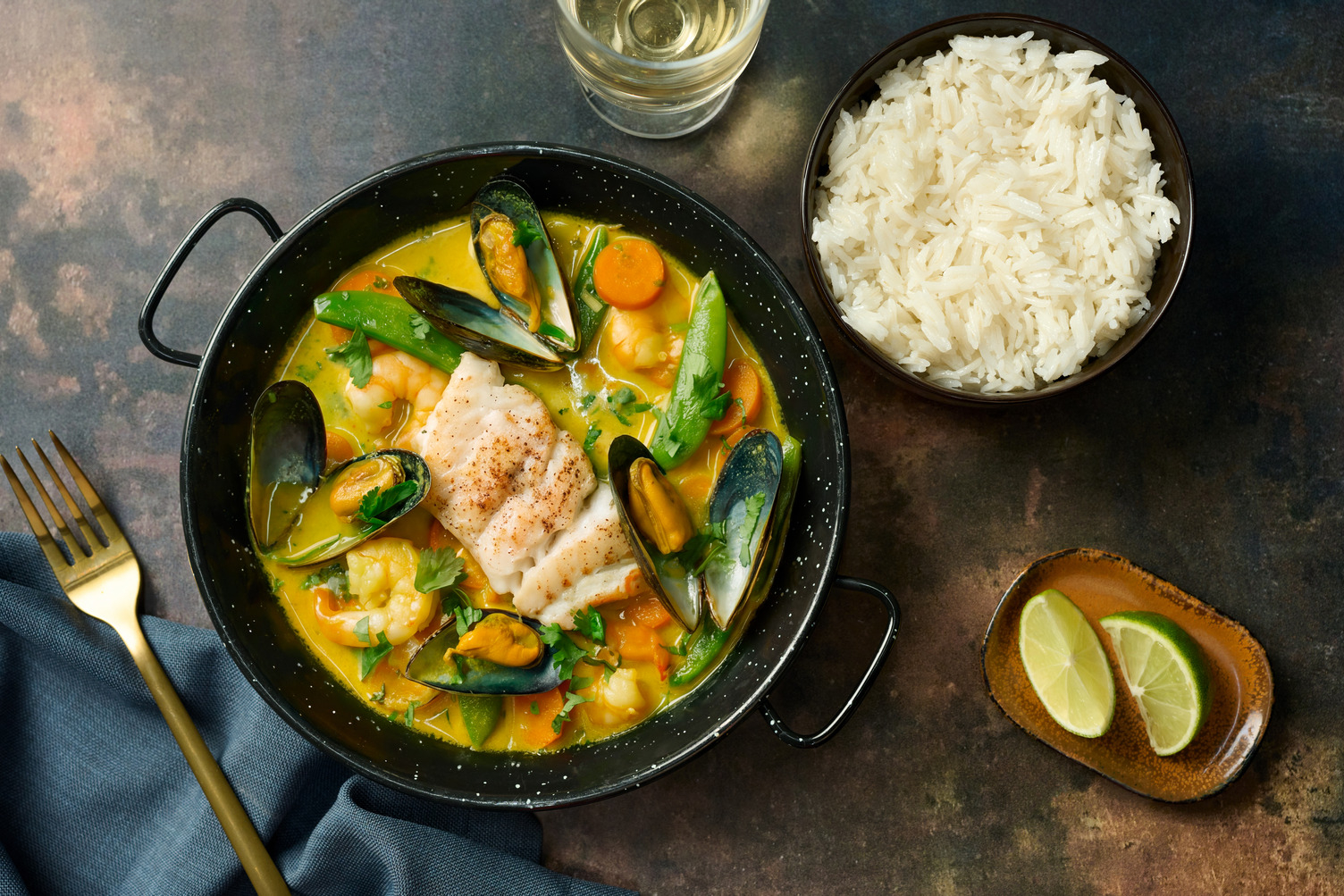 Cornish Hake and Yellow Thai Style Mussel & Prawn Curry