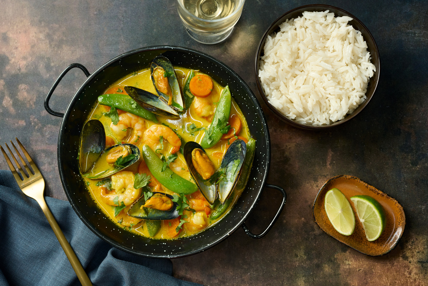 Cornish Hake and Yellow Thai Style Mussel and Prawn Curry