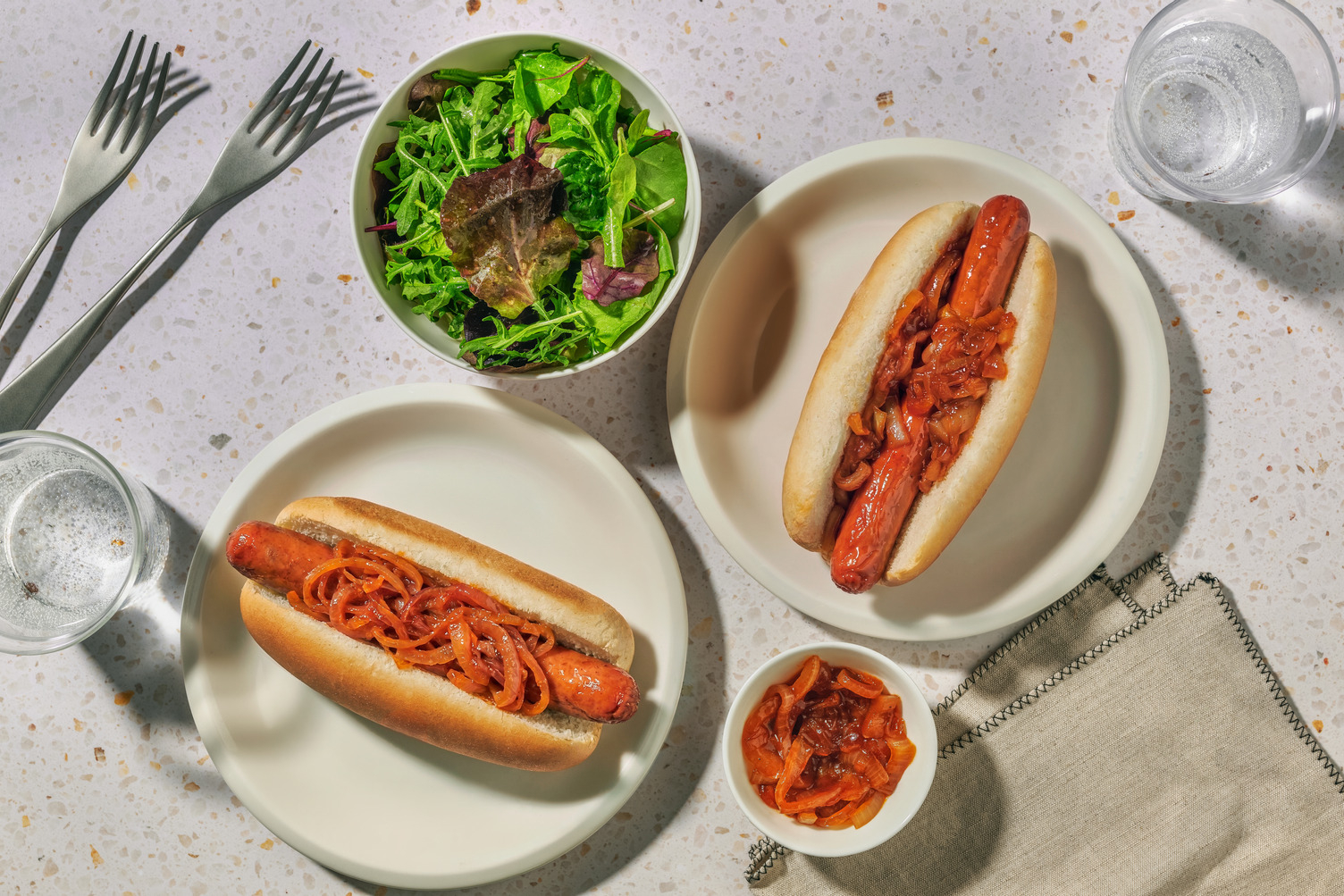Honeyed Hot Dog and Smoky Caramelised Onions