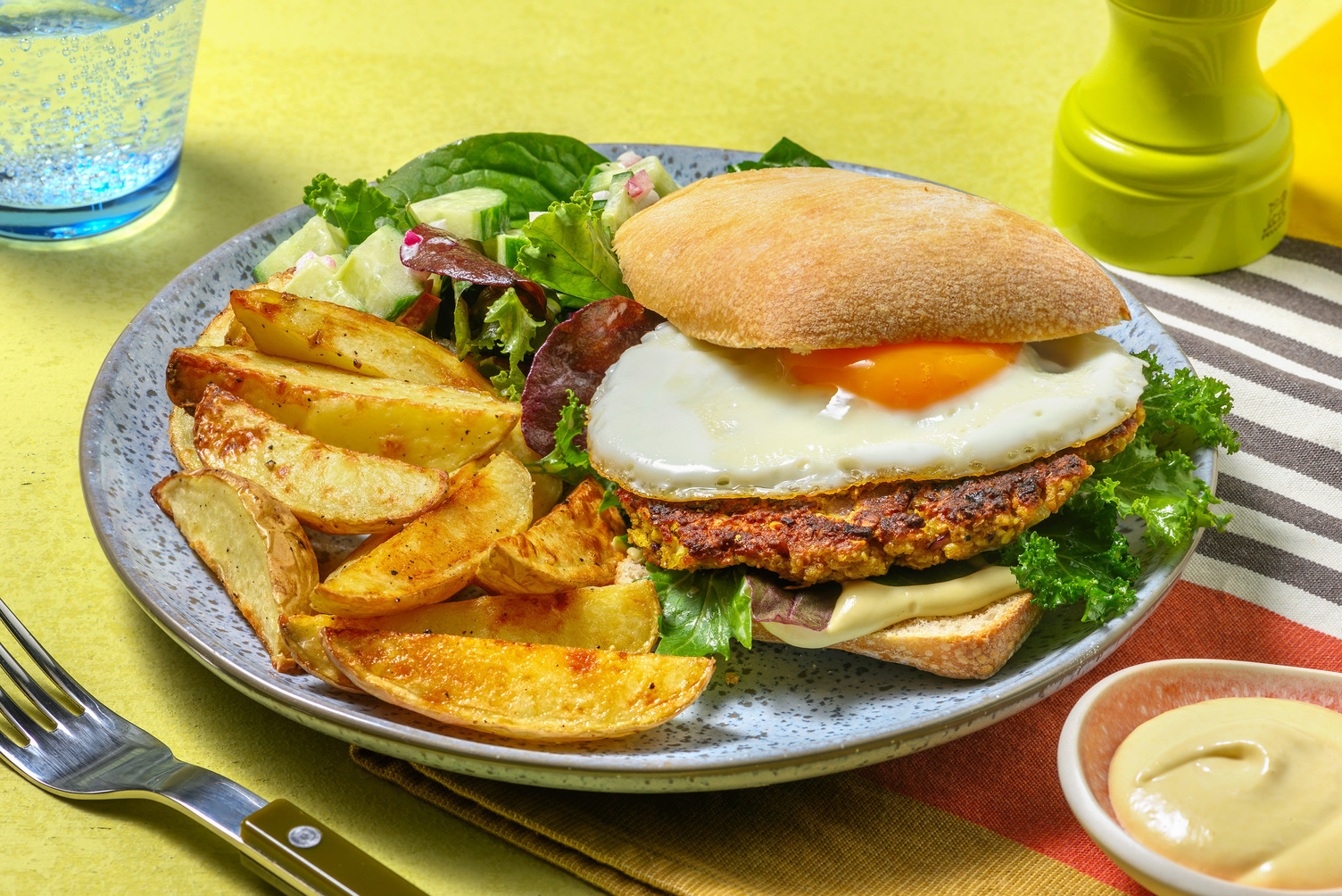 Burger végétarien et œuf au plat 