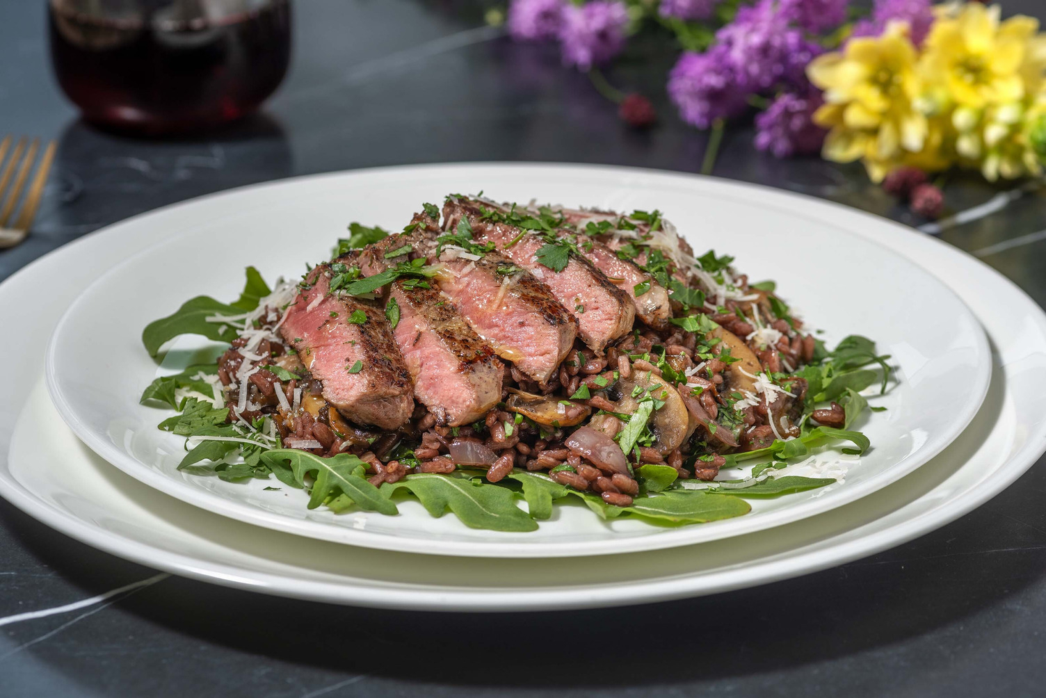 Risotto met rode wijn en gemarineerde steak