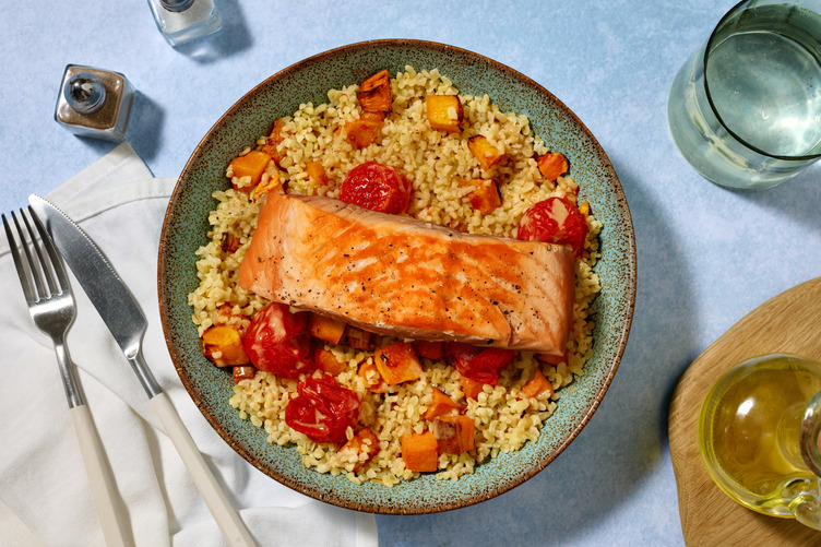 Baked Salmon and Tahini Veg Traybake