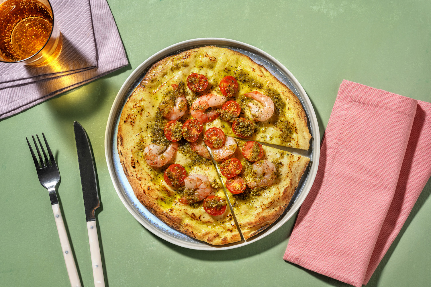 Pizza bianca de langostinos