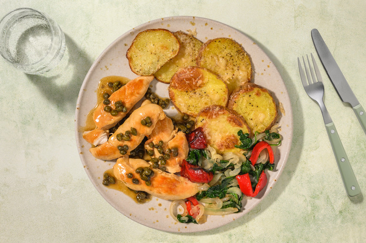 Gyldenstegt kylling i syrlig kaperssauce