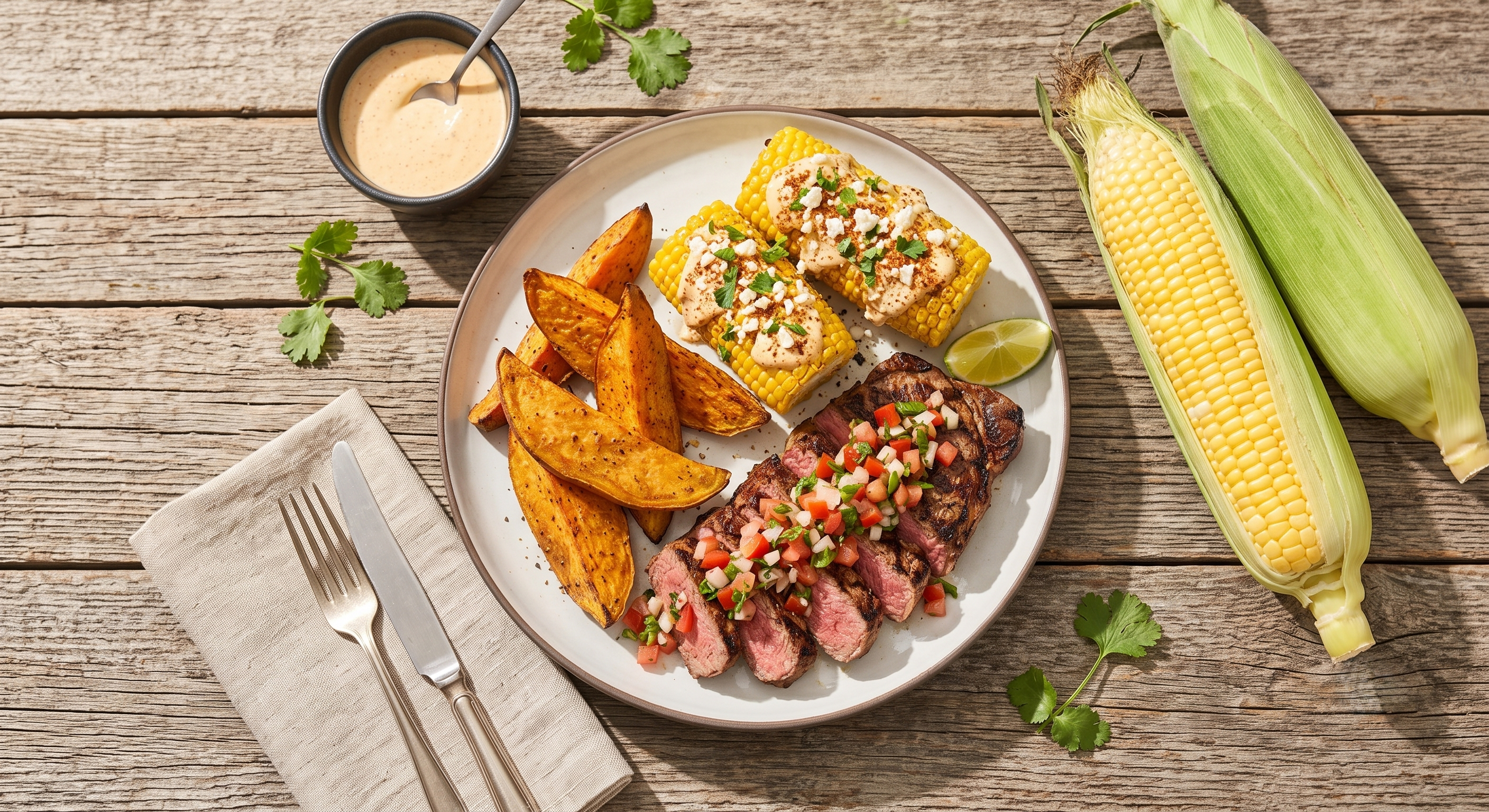 Contre-filet grillé avec elote de maïs, patates douces et pico de gallo