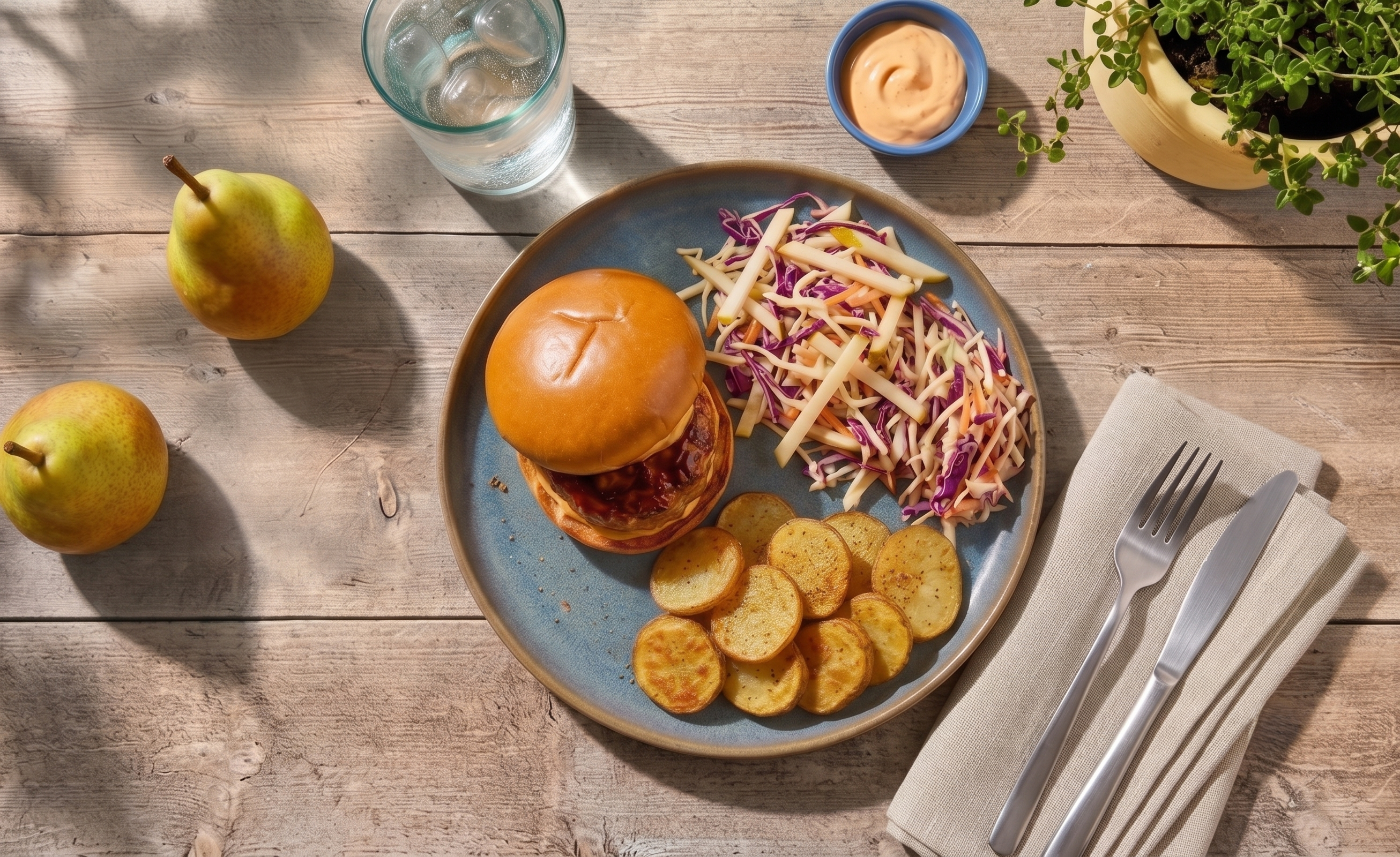 Burger de porc glacé au hoisin avec salade de poires, rondelles de pommes de terre et mayo au sriracha