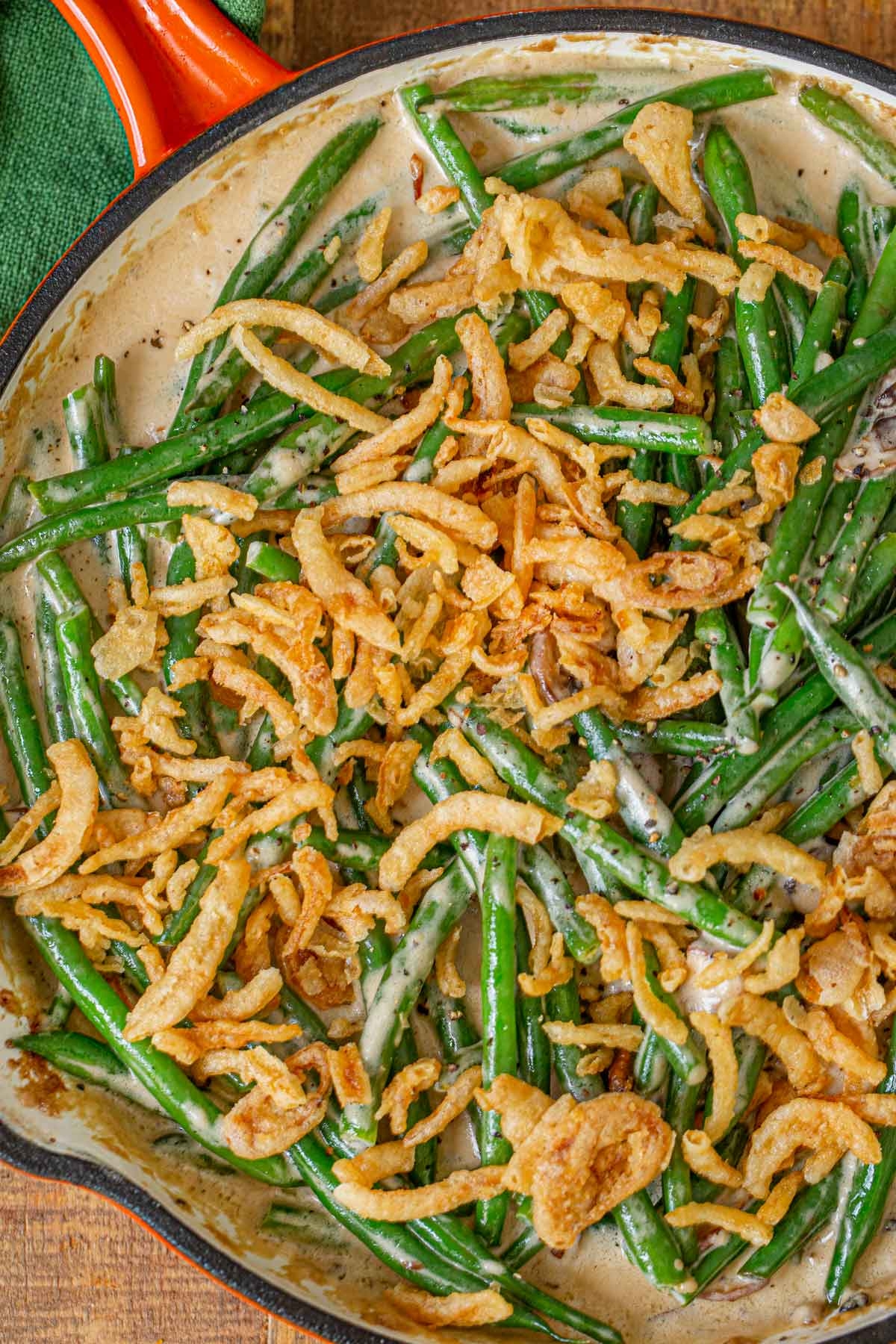 Creamy Green Bean Casserole with Mushrooms and Crispy Shallots