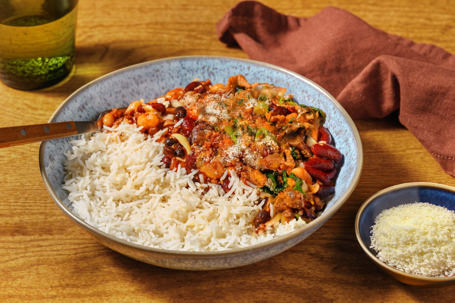 Super Quick Smoky Peri Peri Pork and Bean Rice Bowl
