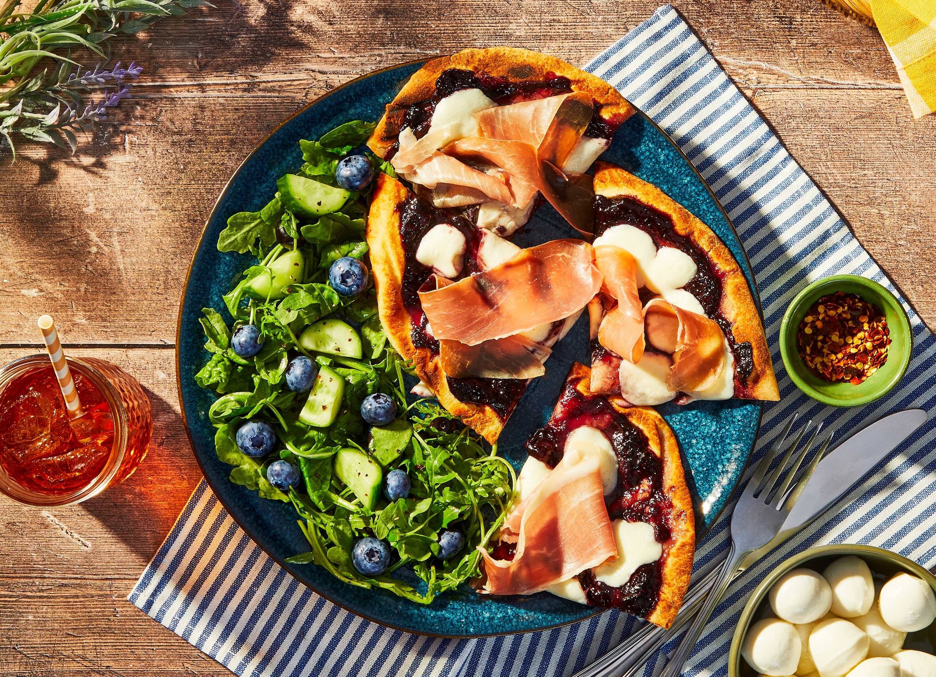 Grilled Flatbreads with Prosciutto, Blueberries and Bocconcini
