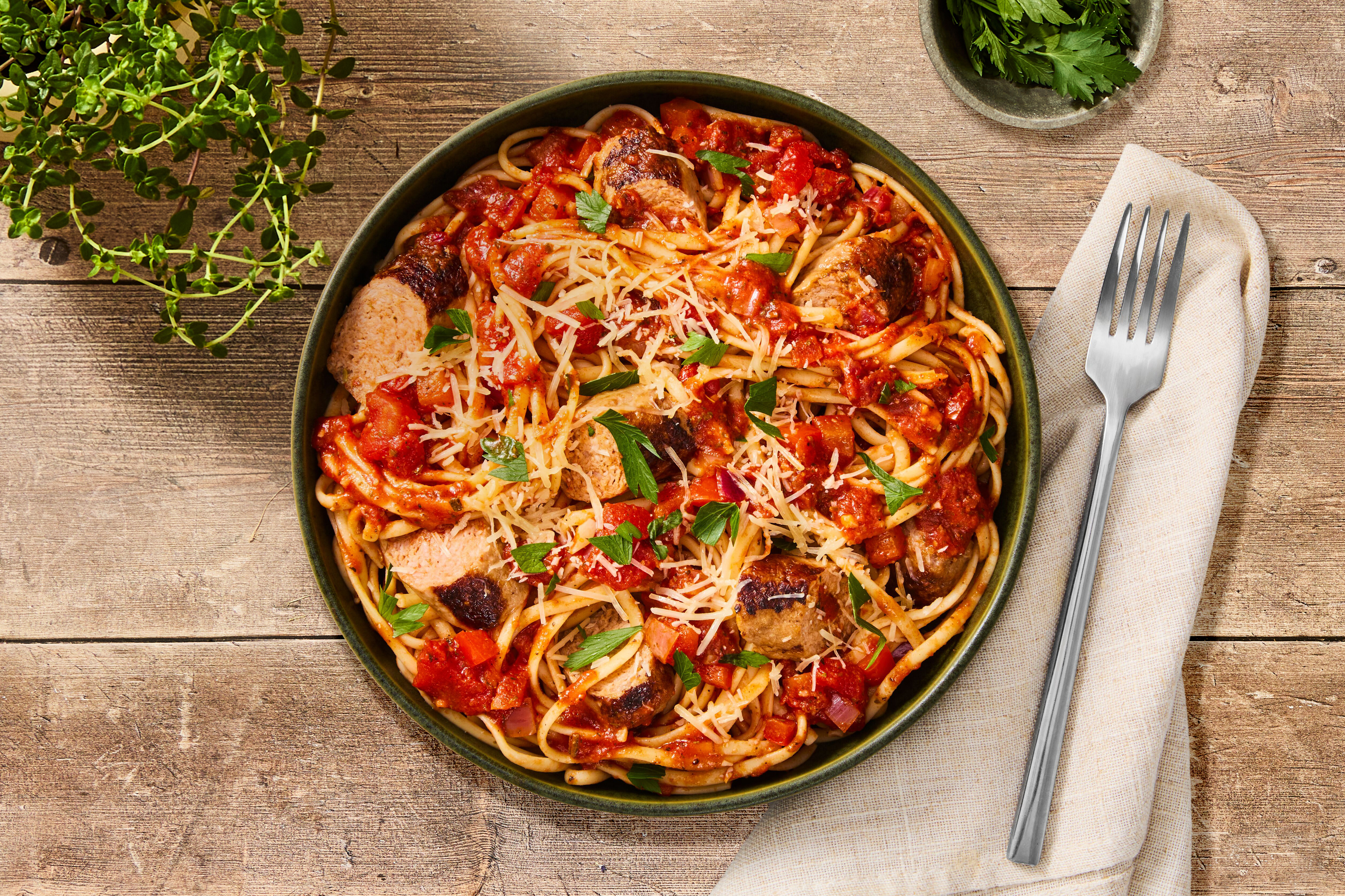 Turkey Sausage Peperonata with Linguine