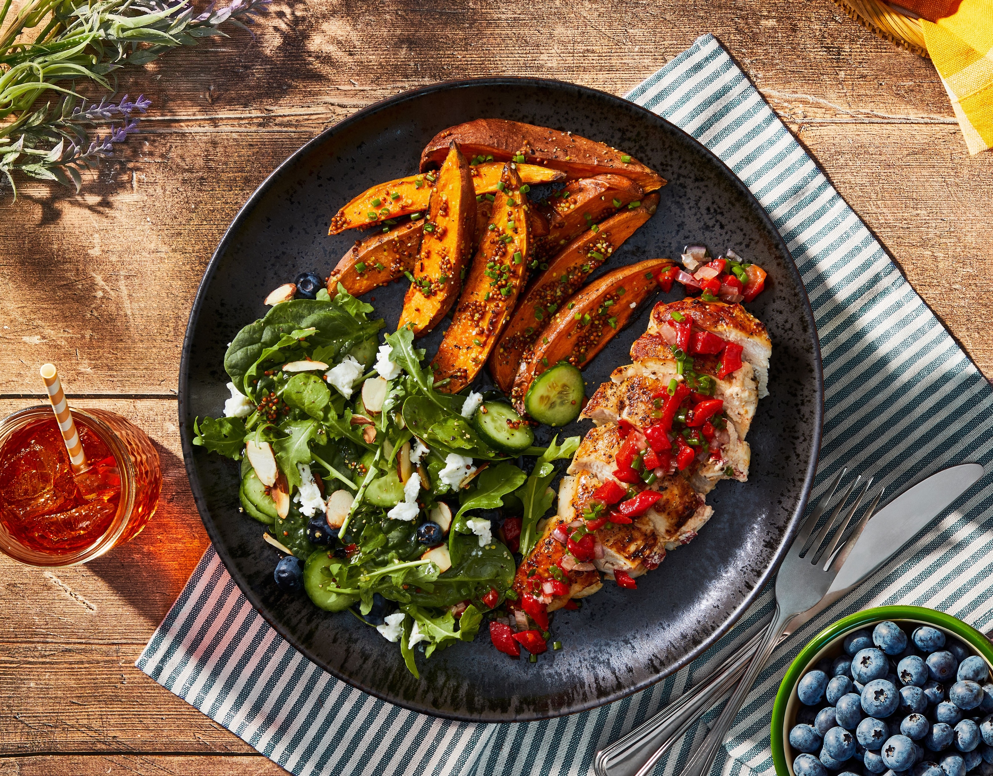 Roasted Pepper-and-Goat Cheese Chicken with Arugula, Spinach and Blueberry Salad