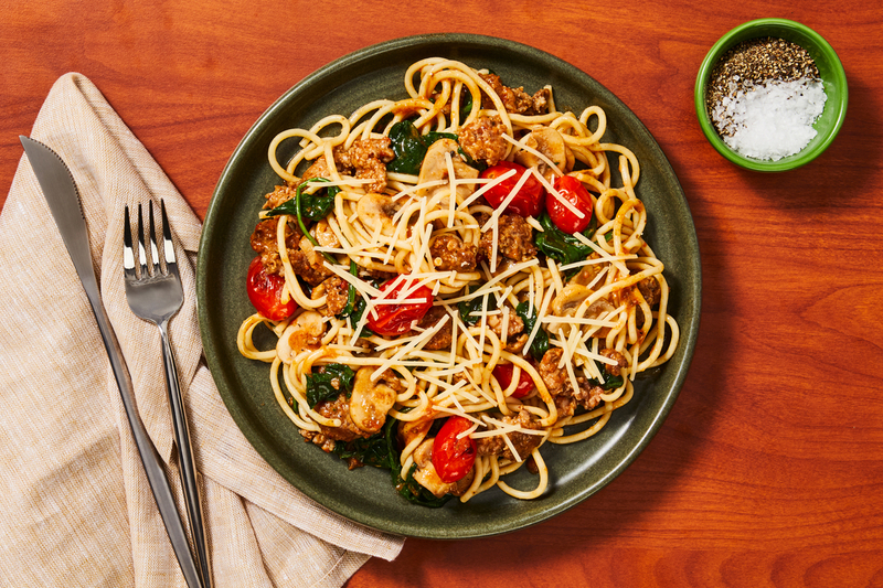 SuperQuick Beyond Meat® and Sun-Dried Tomato Pesto Spaghetti