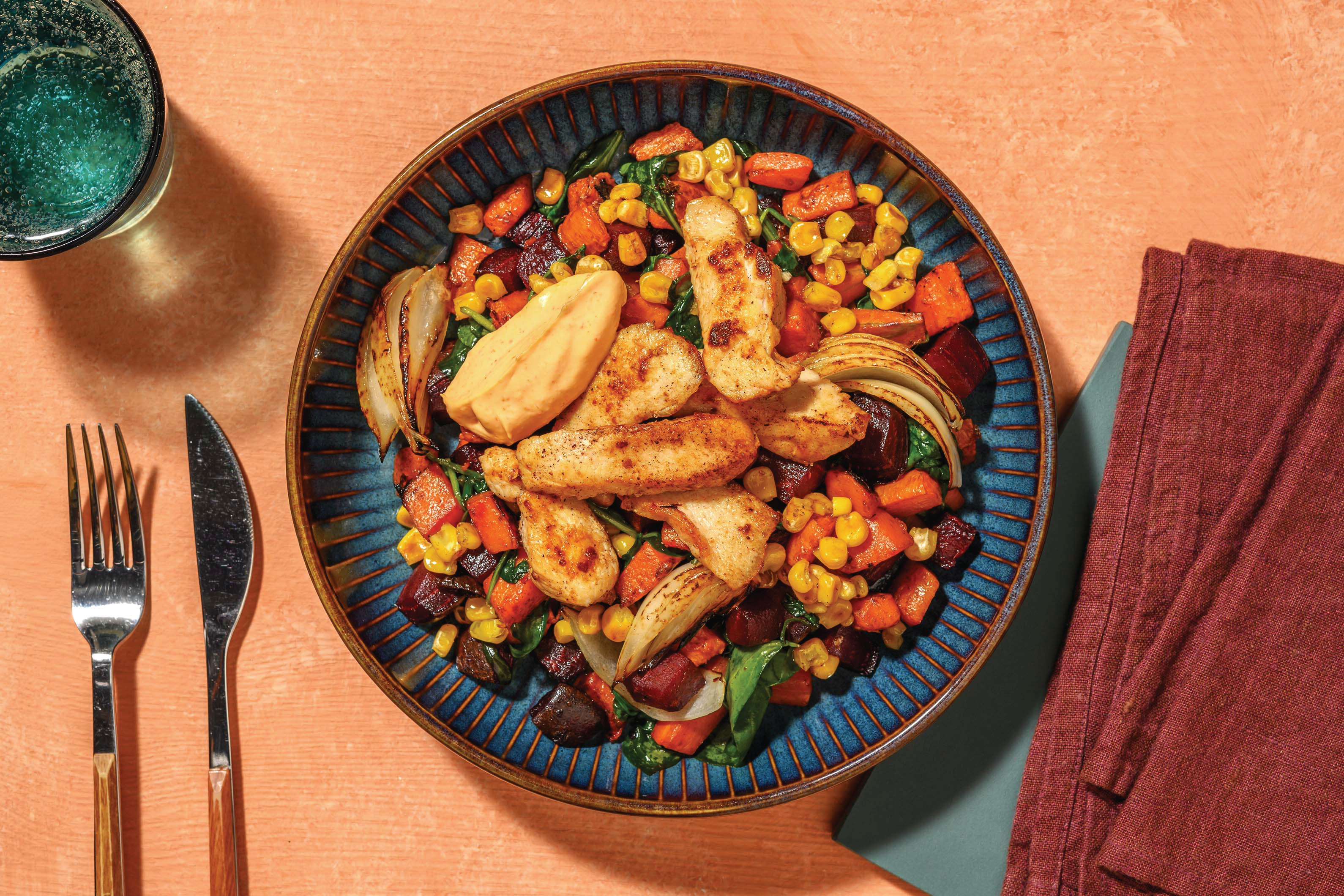 American-Style Chicken & Roast Veggie Toss with Coconut Sweet Chilli Mayo