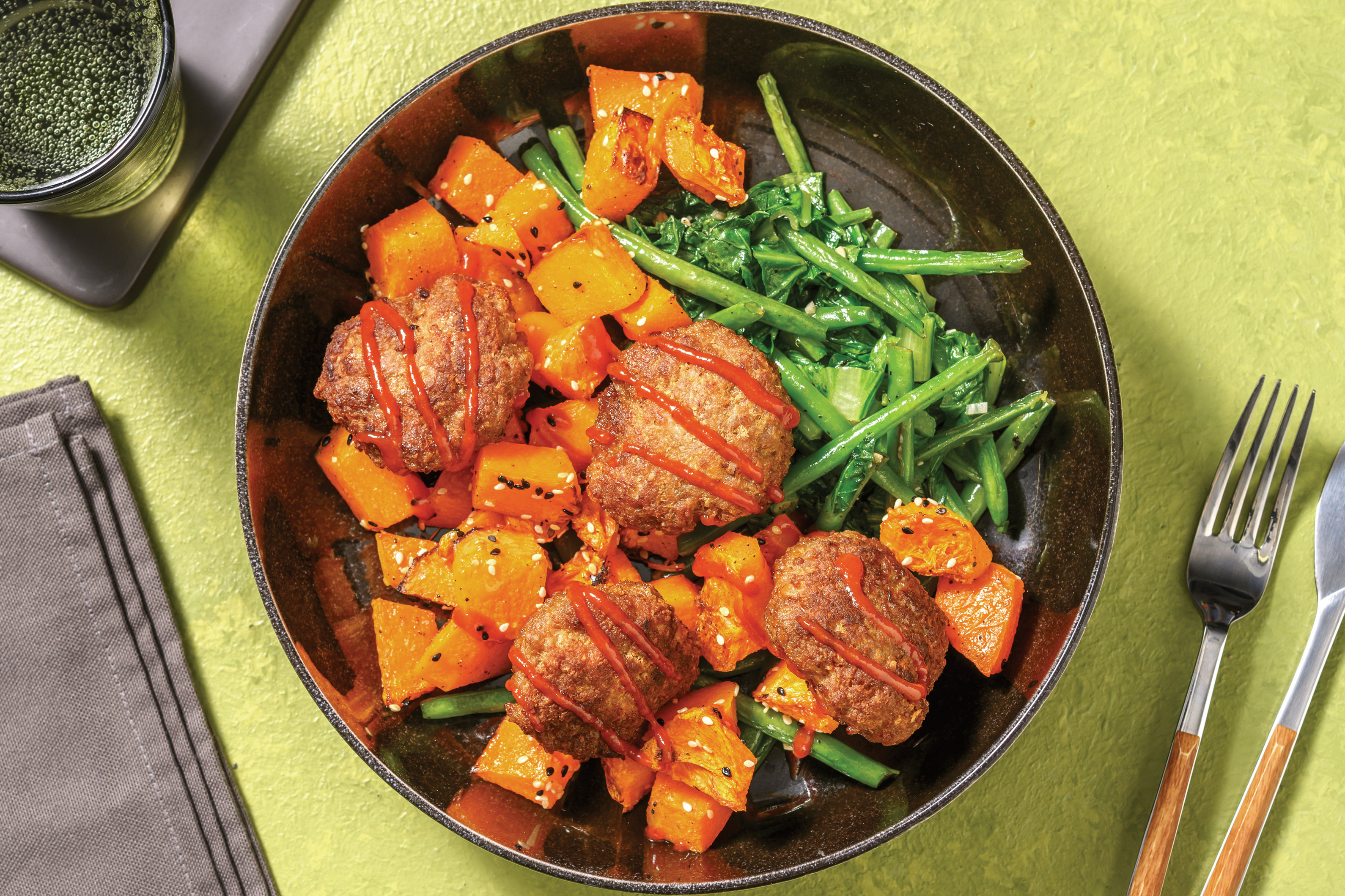 Asian Beef Rissoles & Sesame Roasted Pumpkin