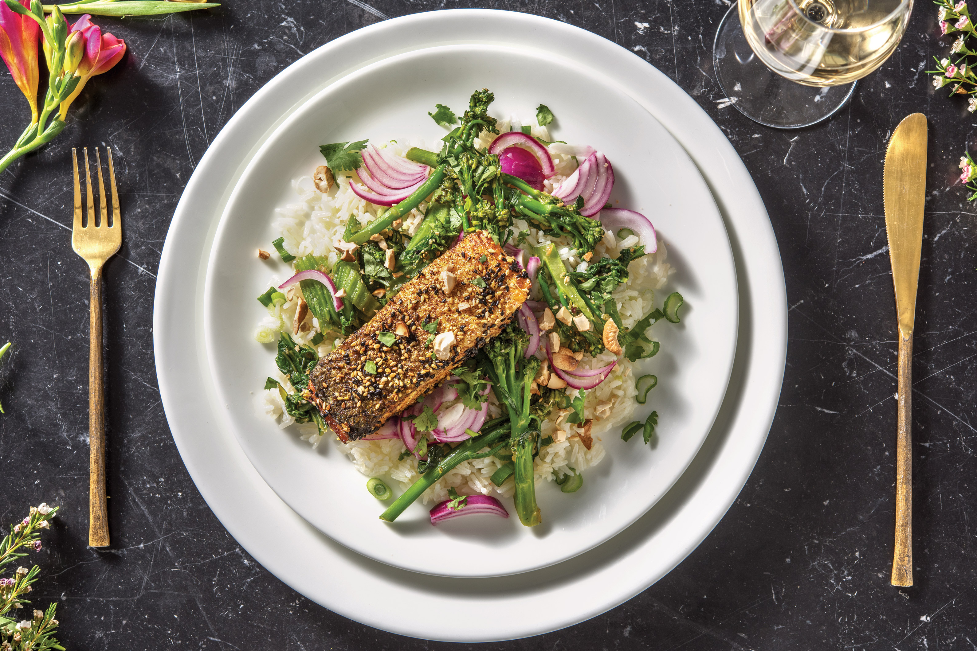 Asian Sesame-Crusted Salmon & Garlic Rice