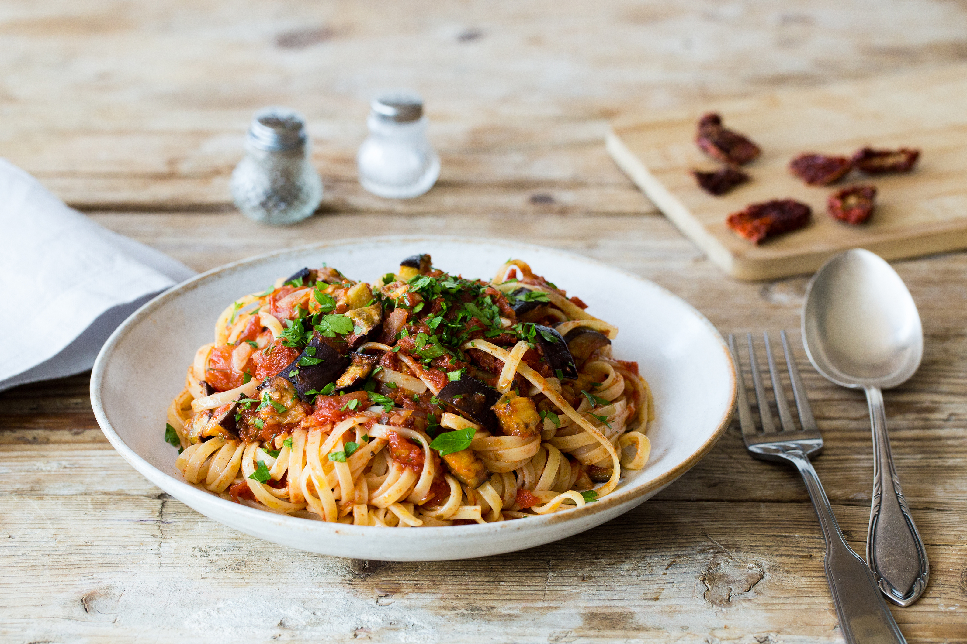 Aubergine Linguine with Chilli and Sun-Dried Tomato