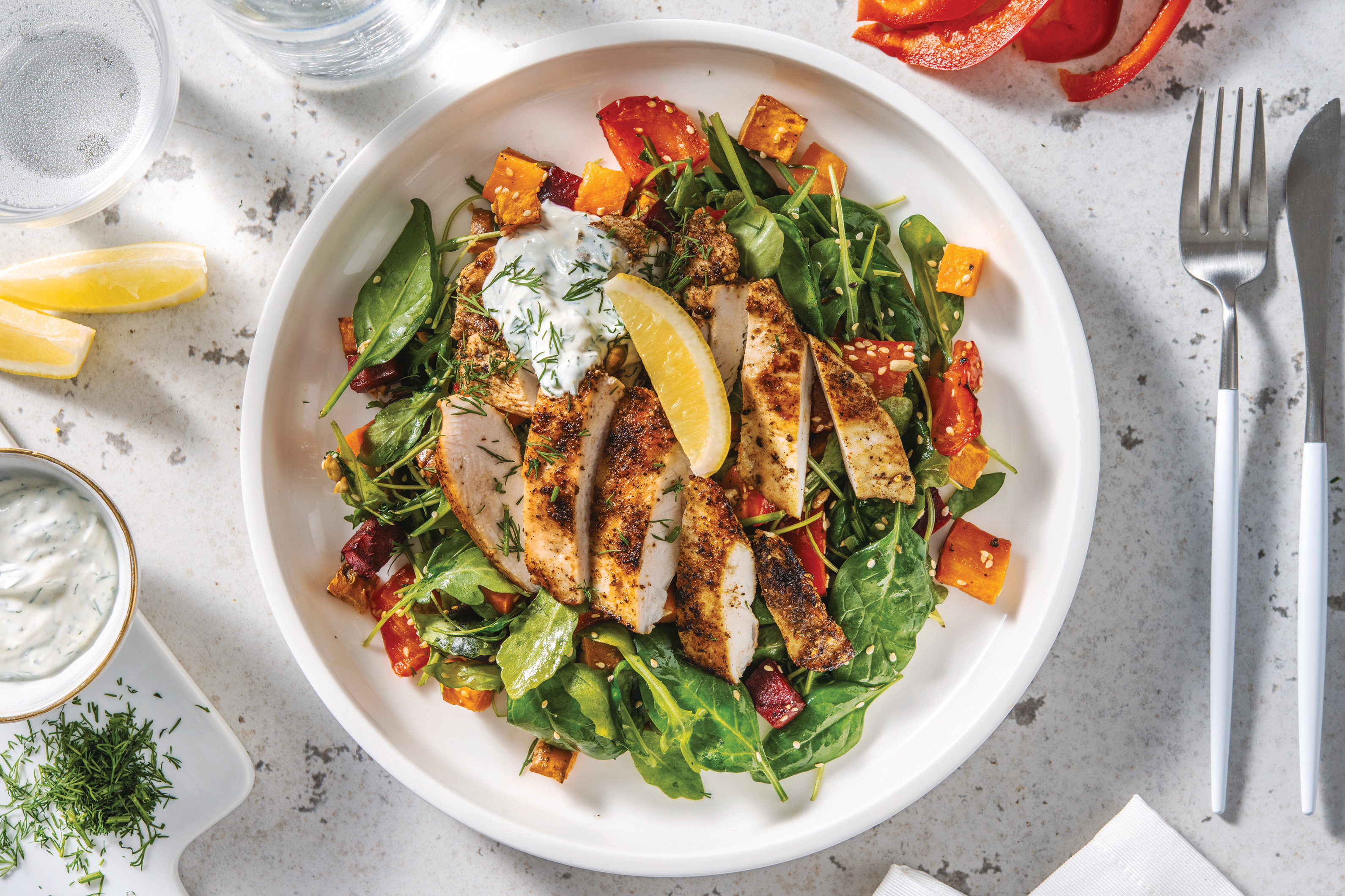 Aussie Chicken & Roast Veggie Salad with Dill Yoghurt