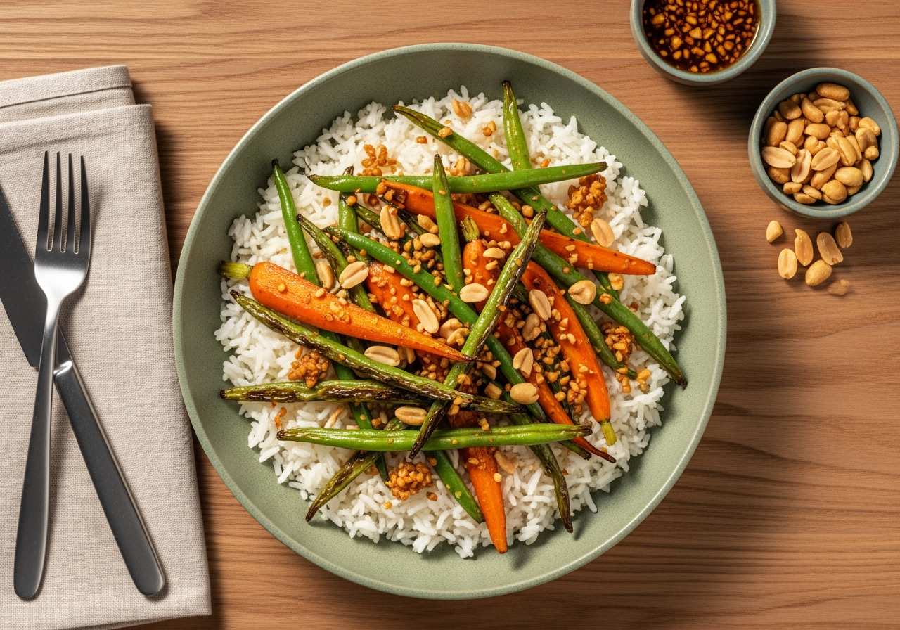 [SIDE VEG DOUBLE GREEN BEANS] Protein Smart Apricot Dijon Soy Glazed Chicken with White Rice & Roasted Green Bean & Carrot Jumble