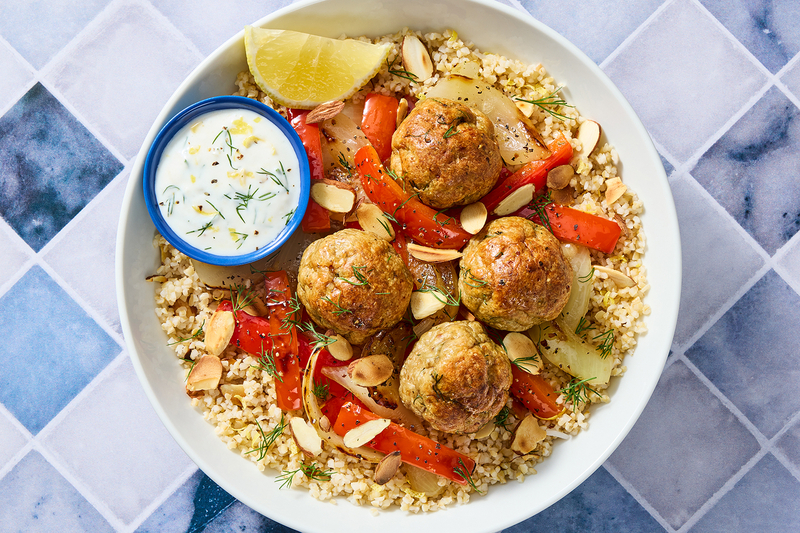 Dilly Beef Meatballs with Peppers and Onions