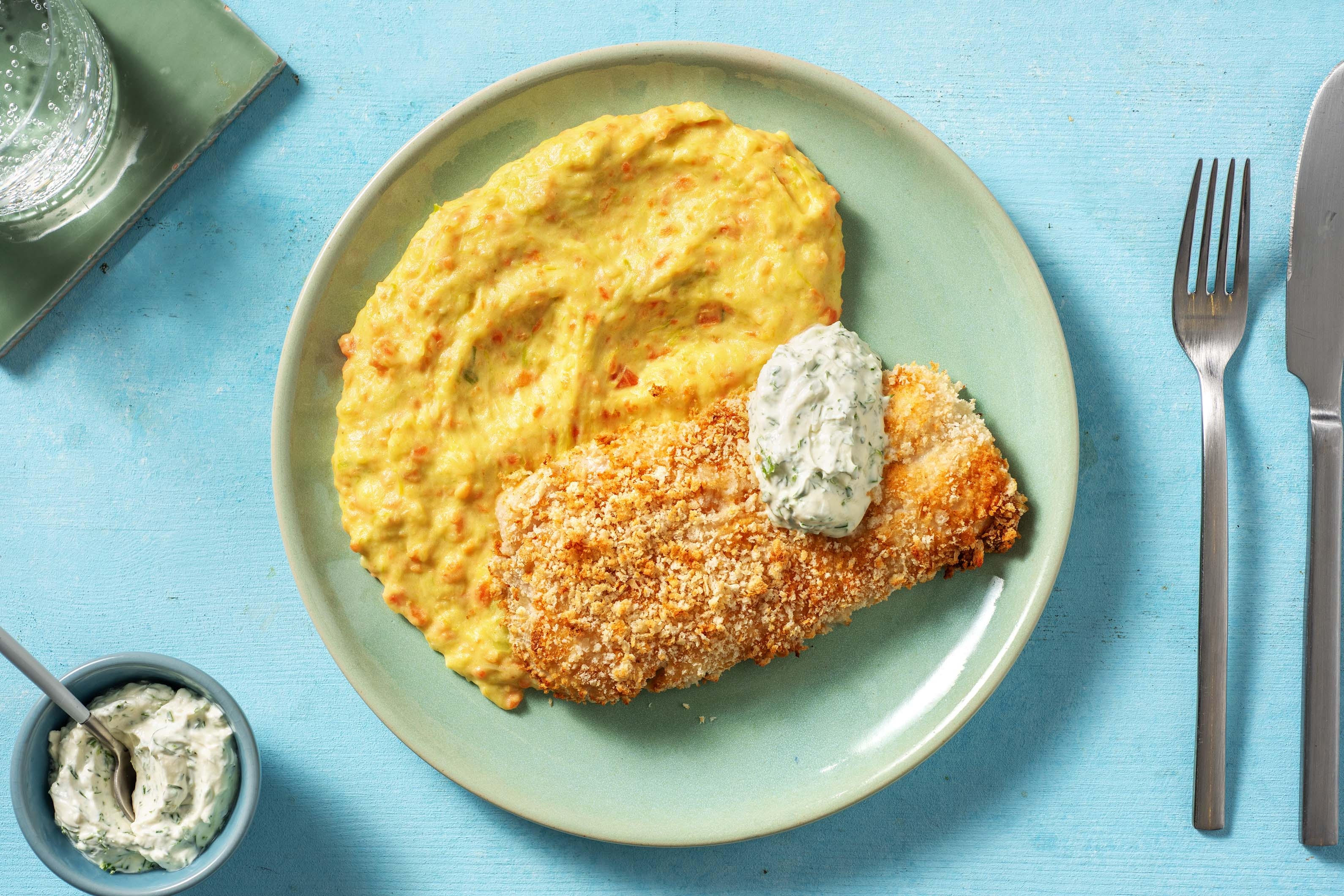 Backfisch mit buntem Gemüsepüree