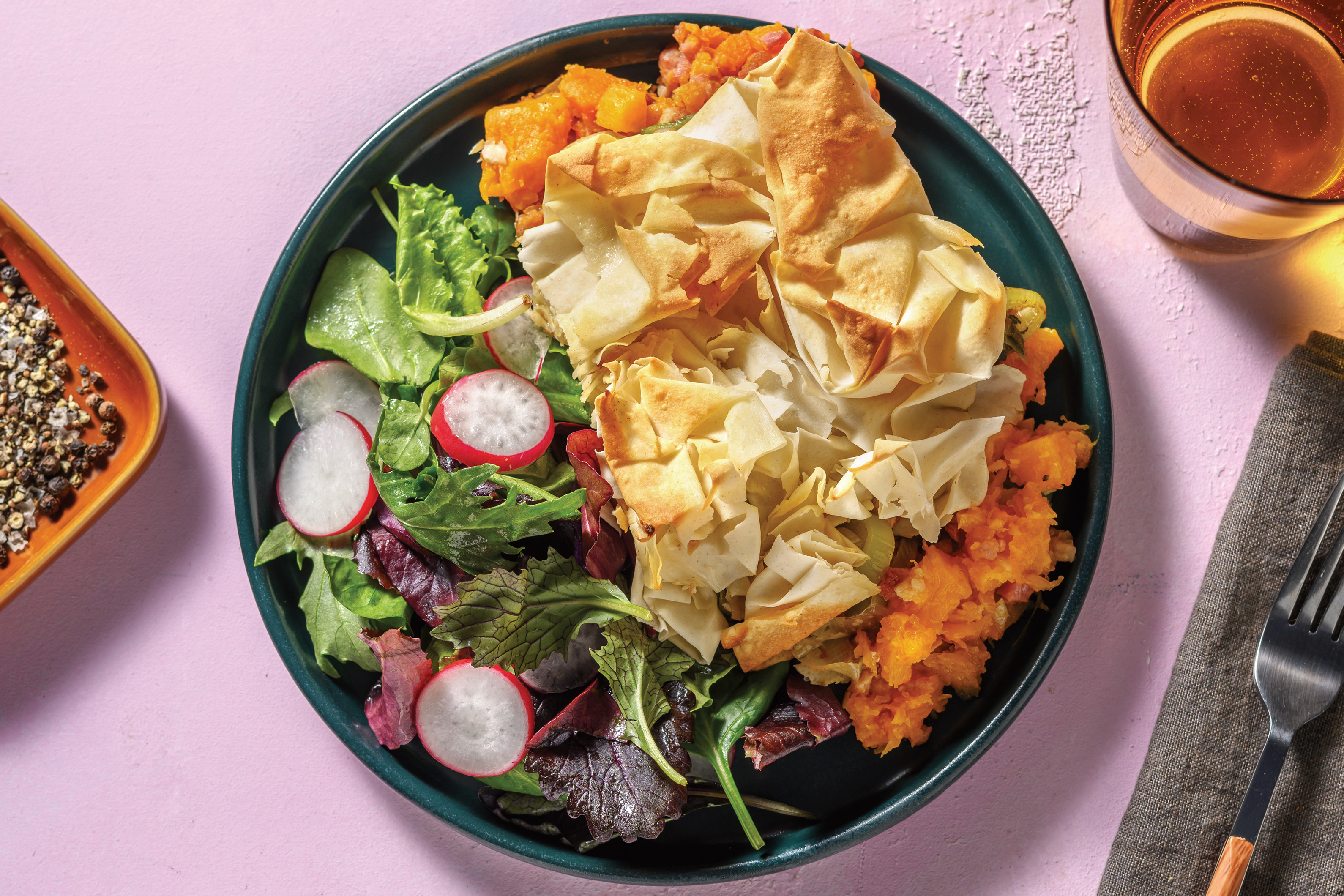 Quick Bacon, Crumbly Cheese & Pumpkin Filo Pie