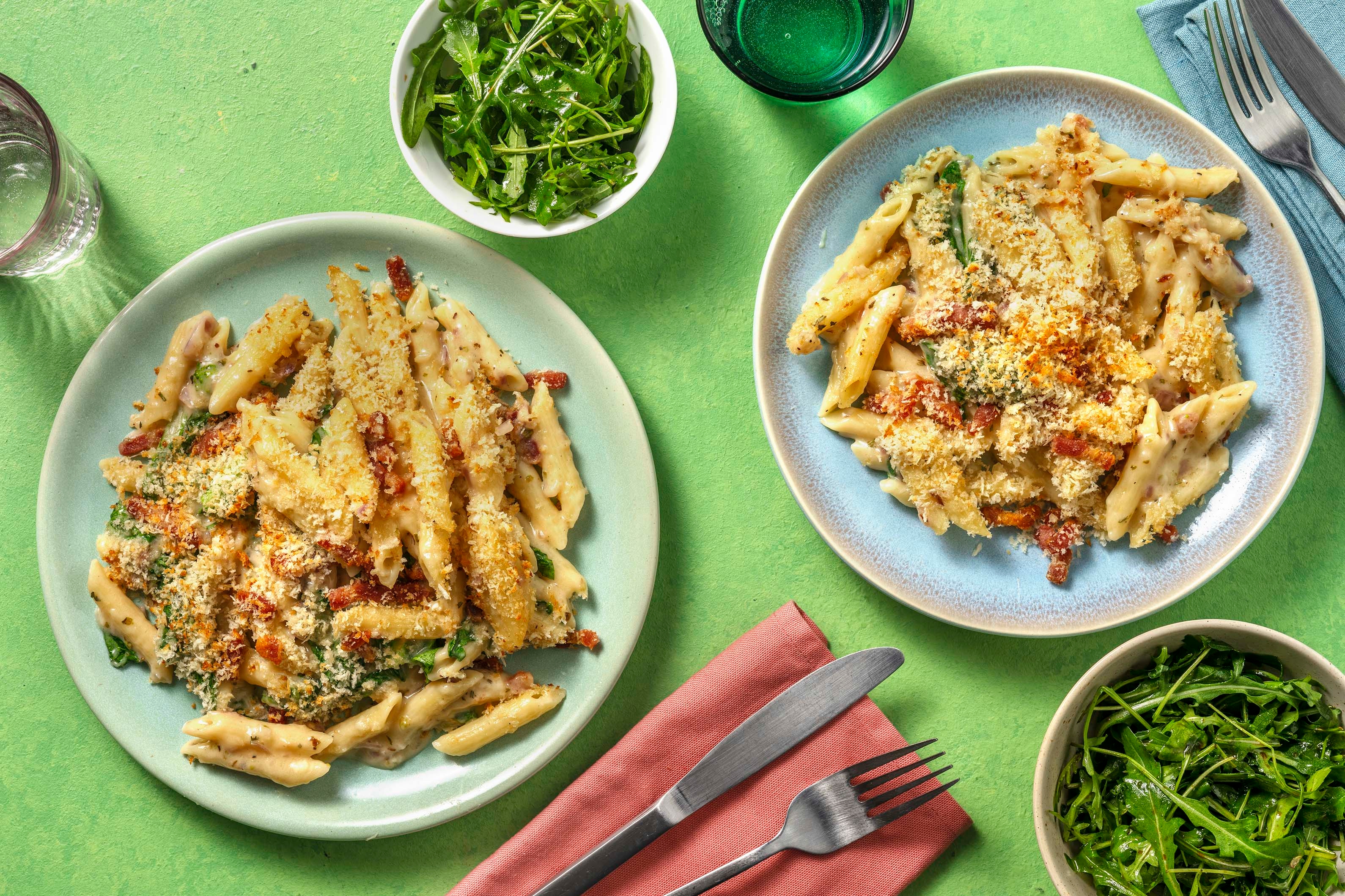 Bacon Crusted Cheese & Spinach Penne Bake
