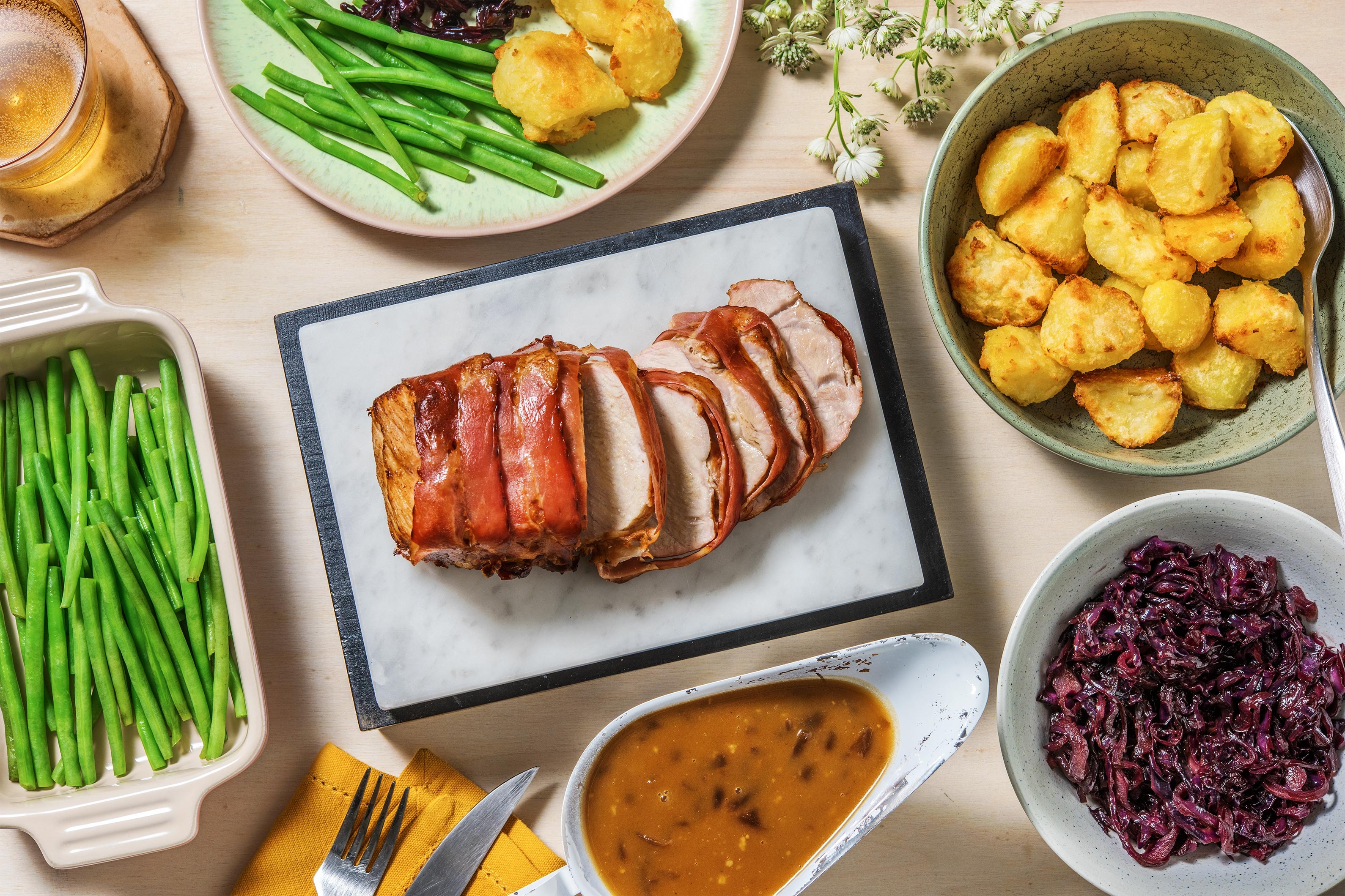 Bacon Wrapped Pork and Onion Gravy