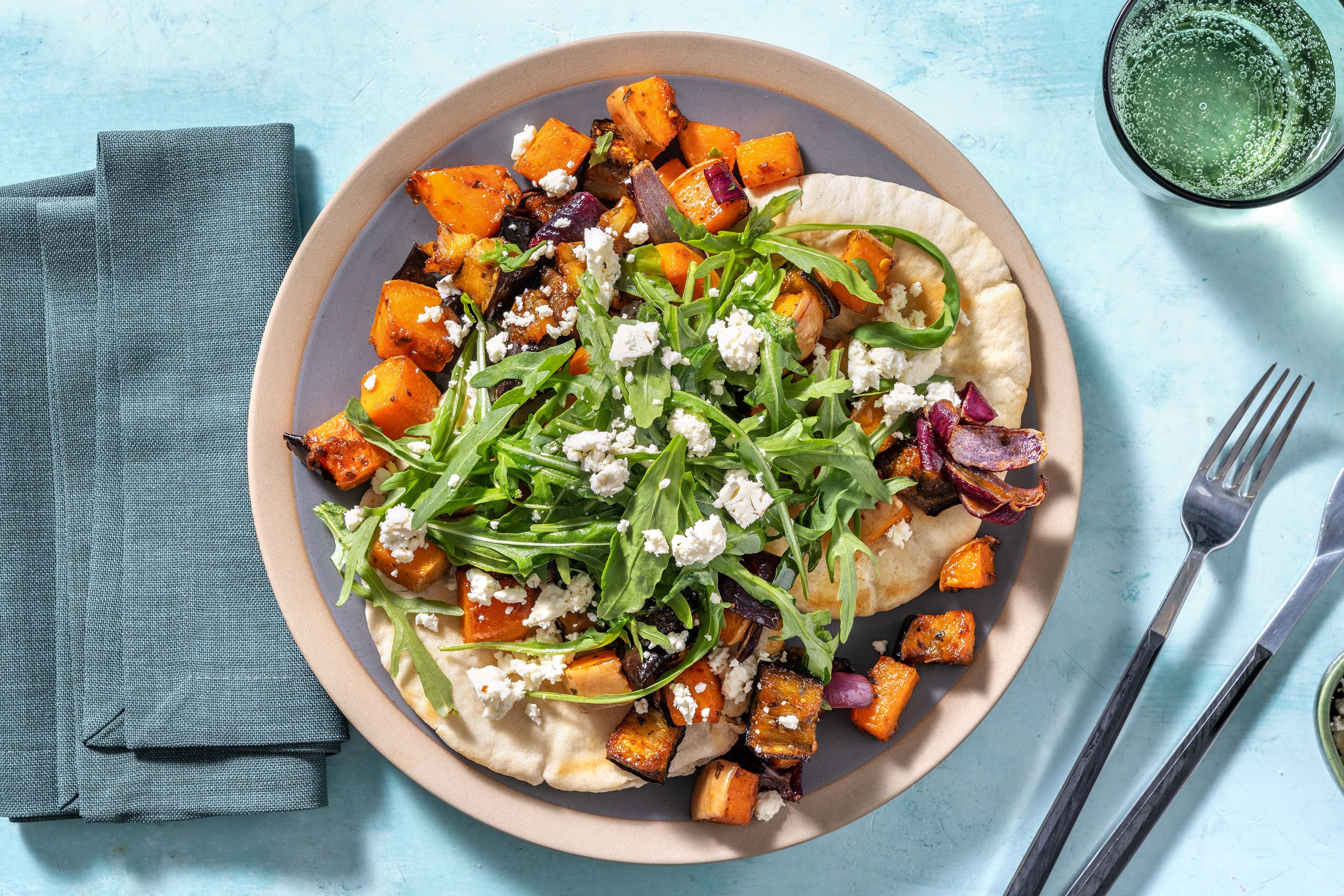 Baharat Roasted Butternut and Aubergine on Flatbreads