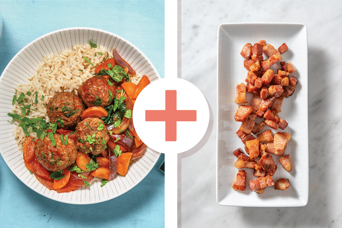 Baked Bacon Meatball Goulash & Brown Rice