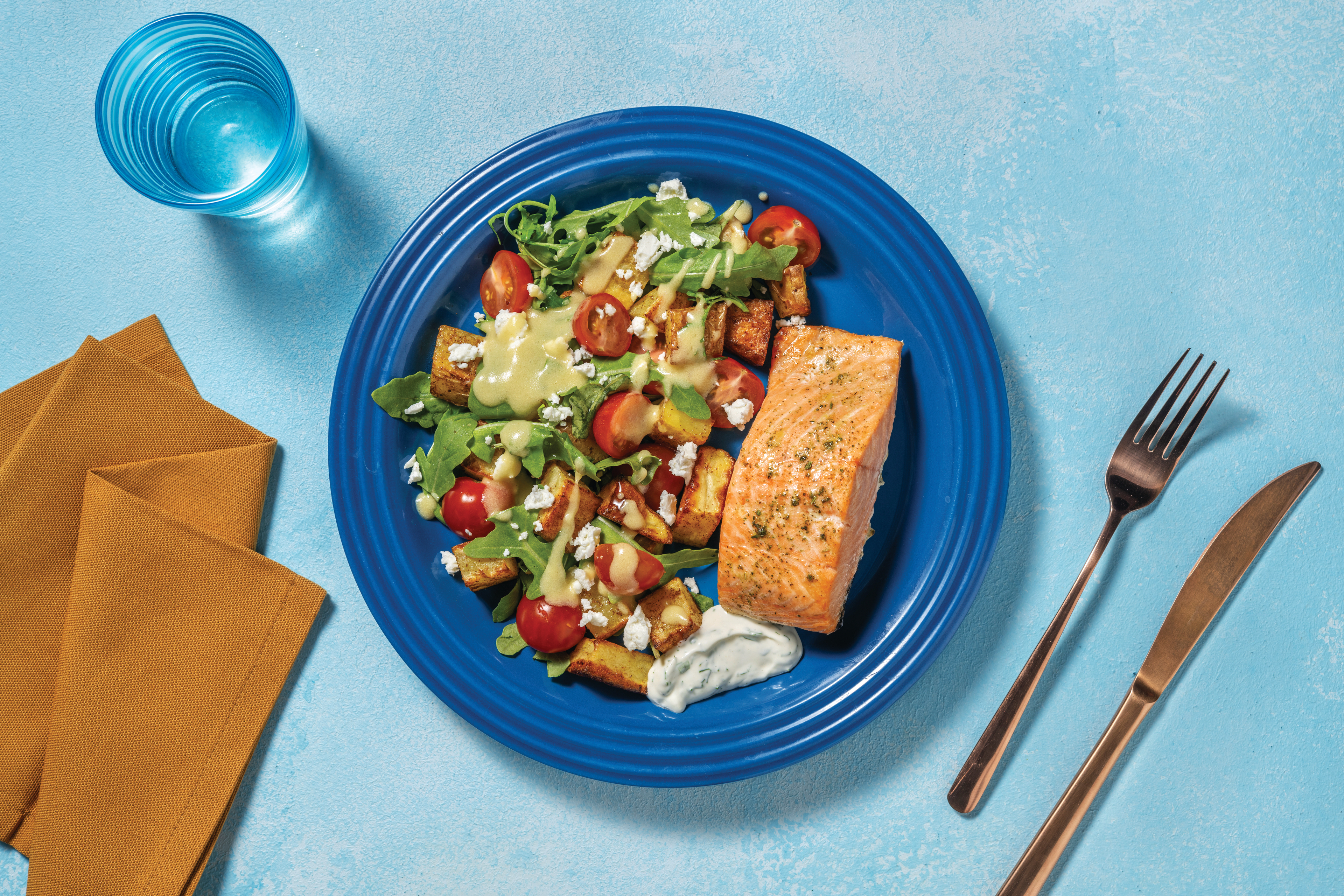 Baked Salmon & Roast Potato-Fetta Salad with Cherry Tomatoes & Dill-Parsley Mayo