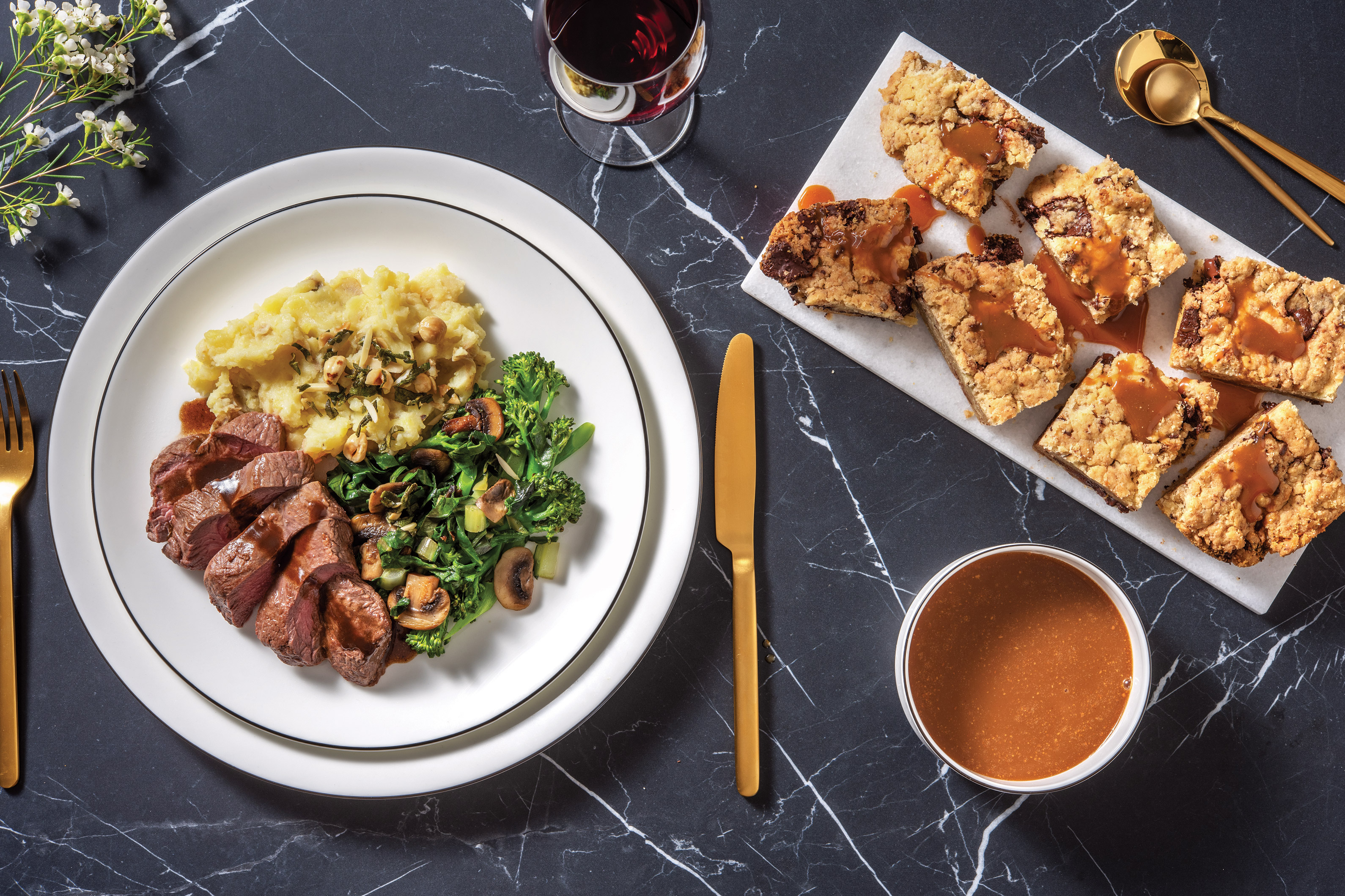 Balsamic-Glazed Venison Steak & Parsnip Mash with Veggies & Sage Nuts