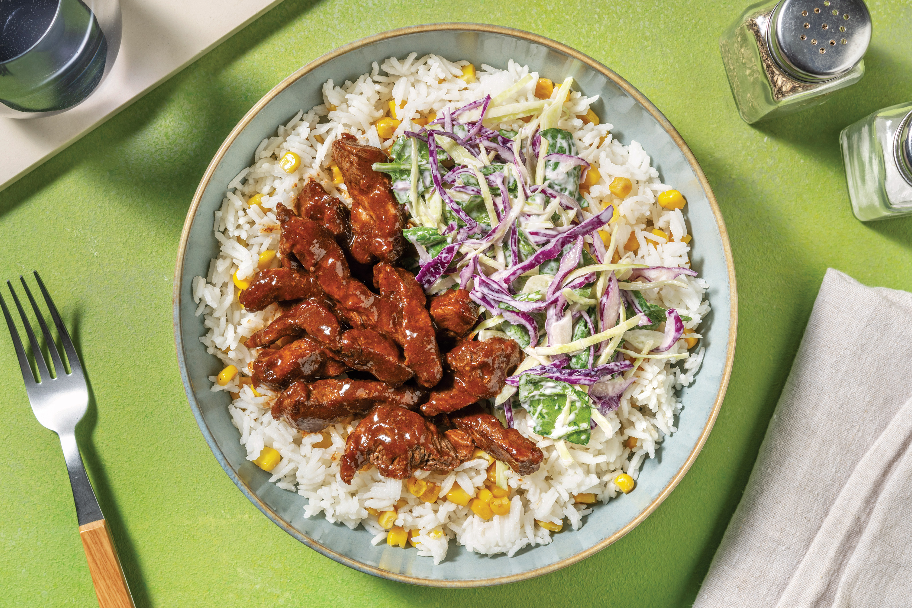 Quick BBQ-Glazed Beef & Charred Corn Rice