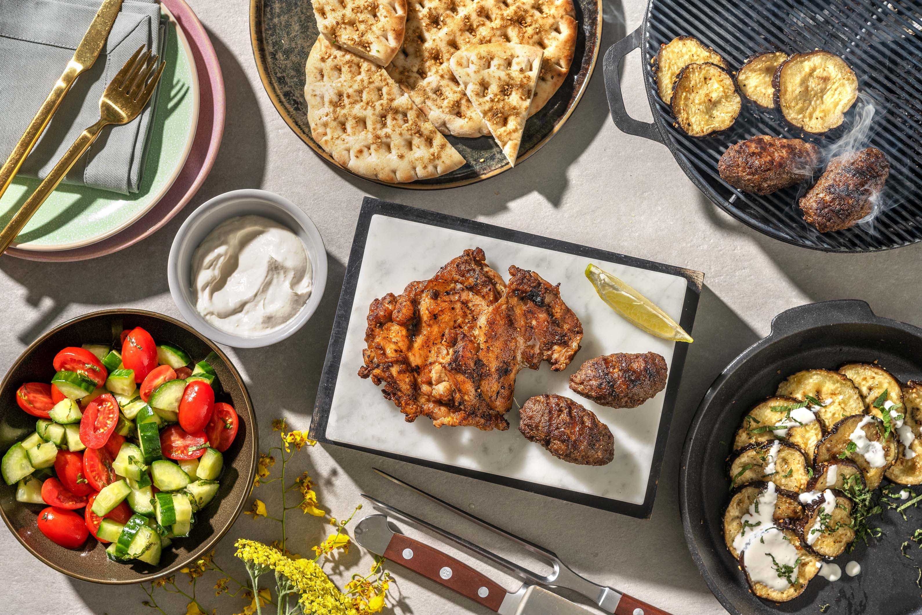 BBQ Lamb Shawarma Kebabs and Baharat Chicken