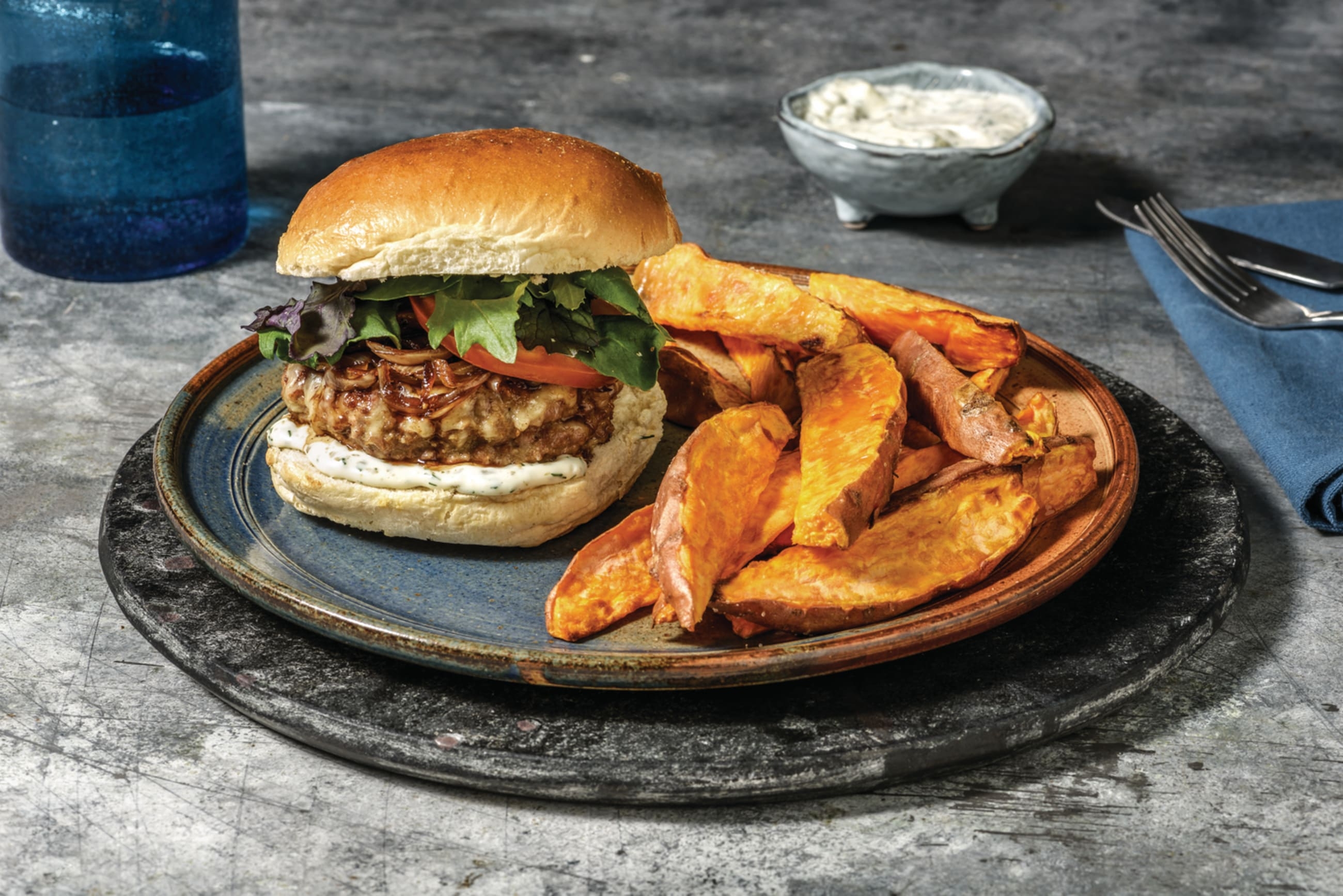 Cheesy Beef Burgers & Kumara Fries