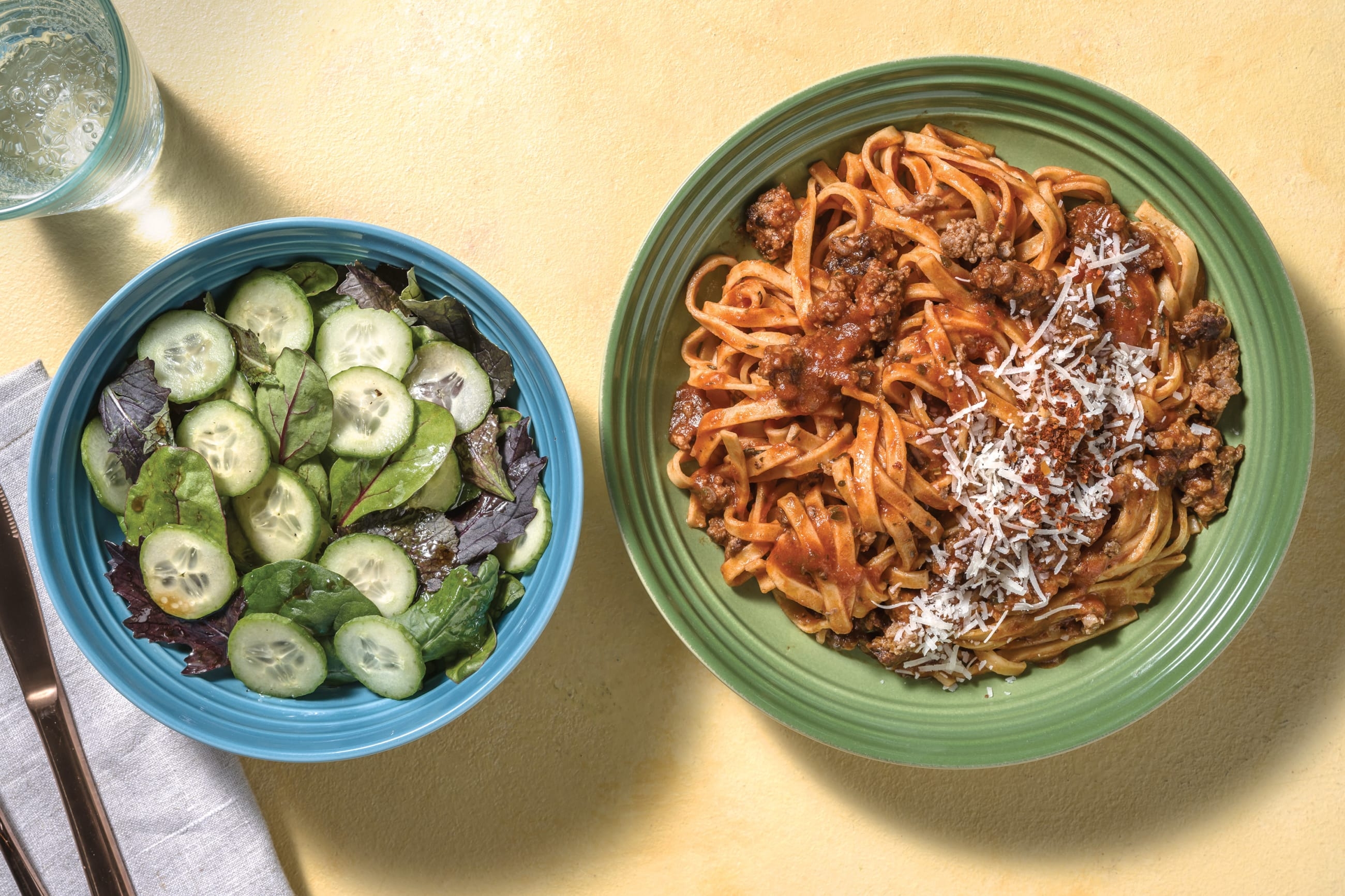 Beef & Tomato Sugo Fettuccine with Cucumber Salad