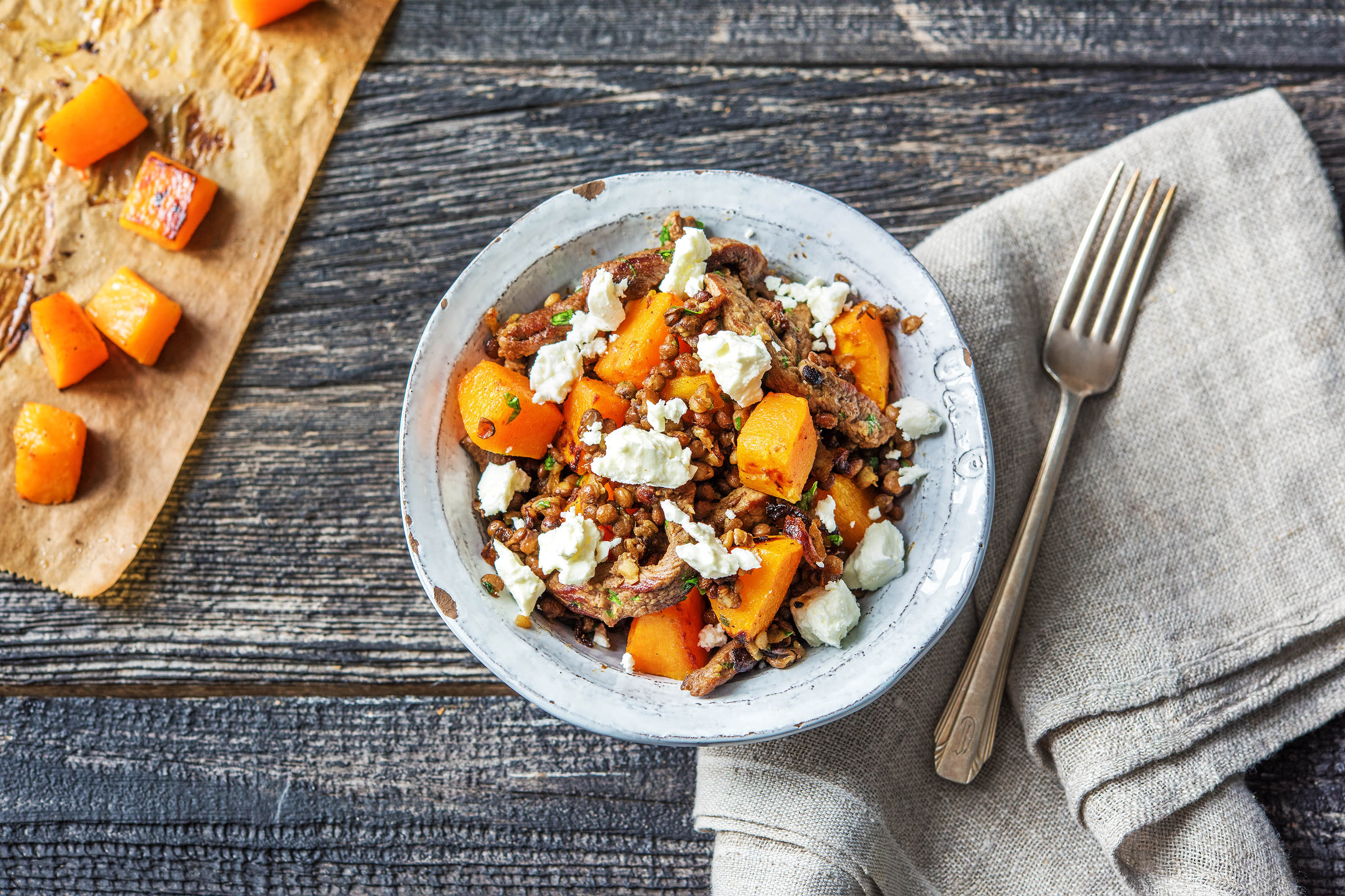 Beef with Honey Pumpkin, Lentils & Fetta Cheese
