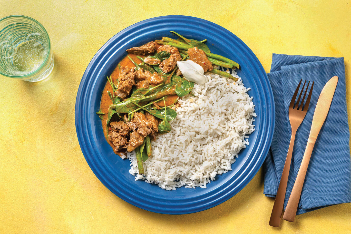 Bengal Lamb & Green Bean Curry with Baby Spinach, Buttery Rice & Yoghurt
