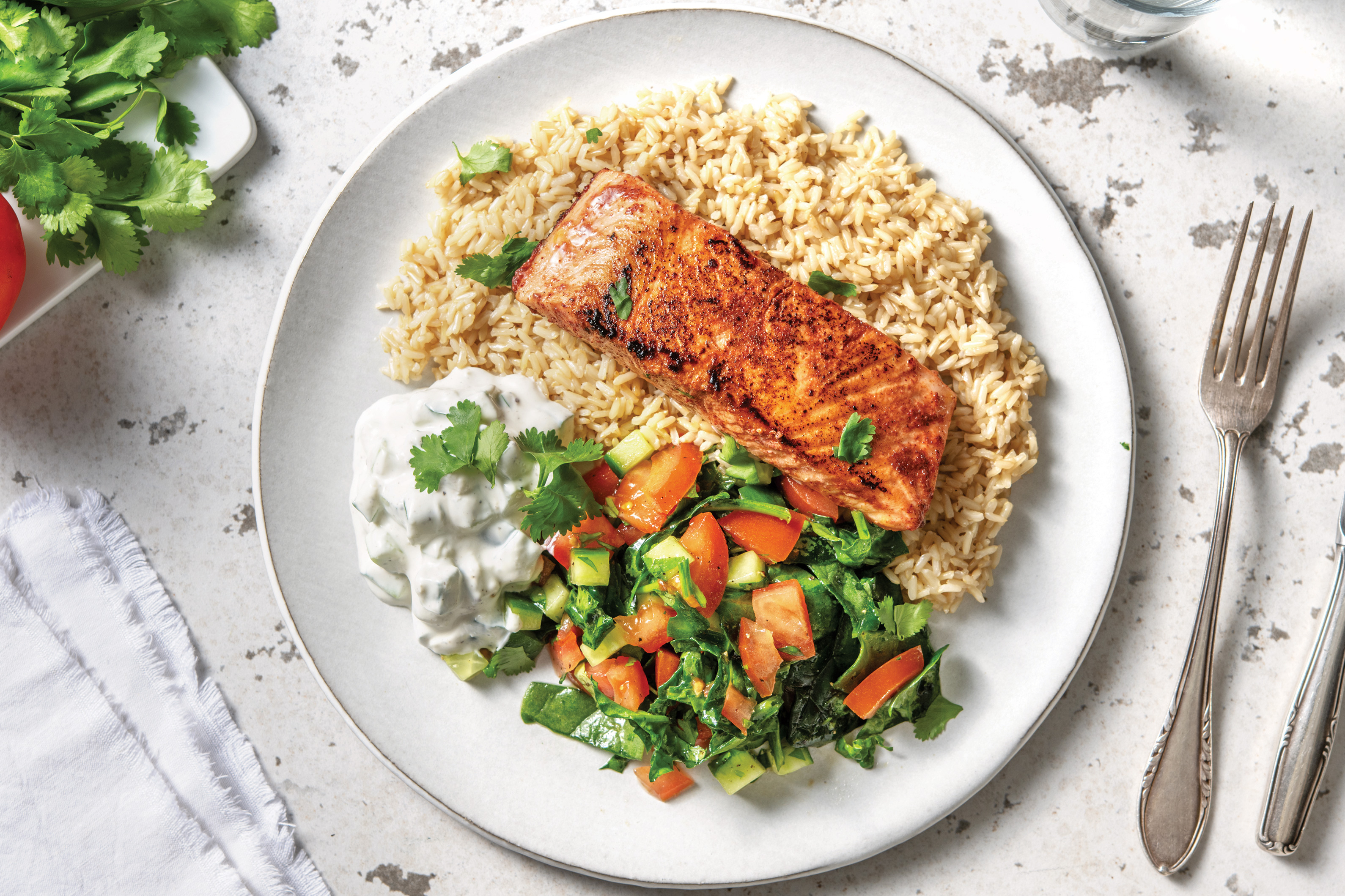 Blackened Salmon Tikka & Brown Rice with Tomato Salad & Cucumber Raita